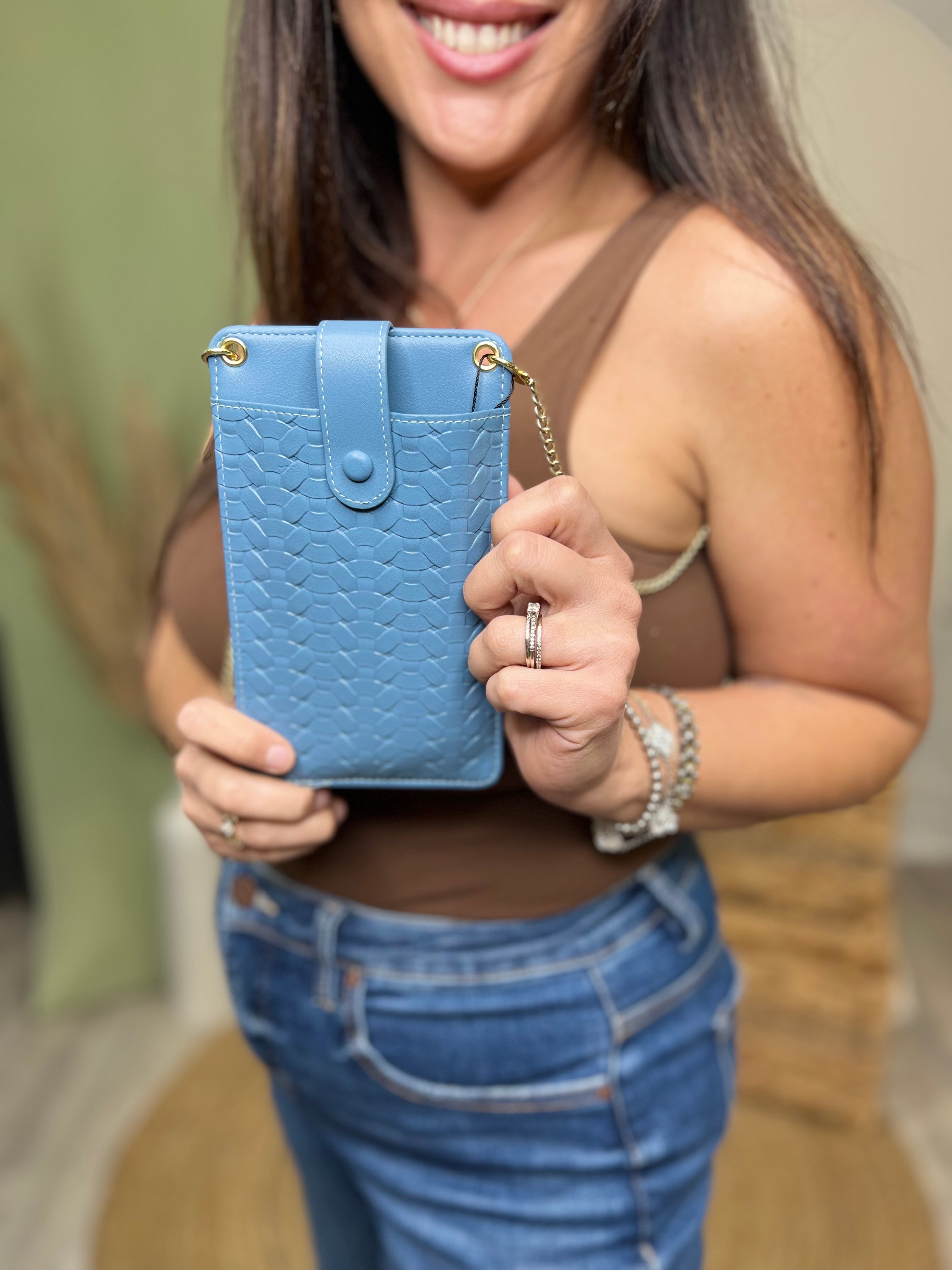 Woven Faux Leather Crossbody Phone Bag-320 Bags-Clovered Accessories-Heathered Boho Boutique, Women's Fashion and Accessories in Palmetto, FL
