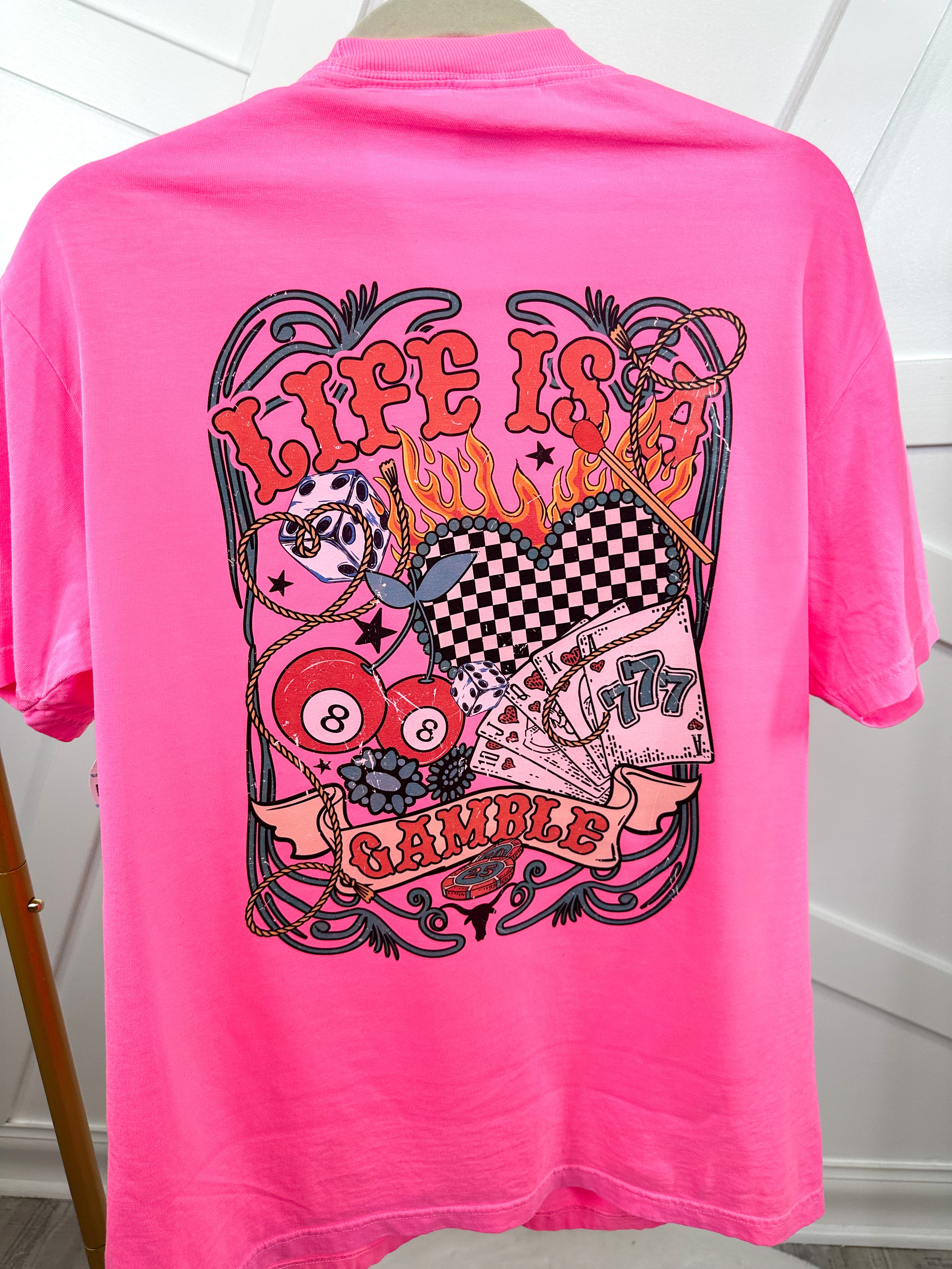 Life Is A Gamble Graphic Tee - Neon Pink-130 Graphic Tees-Heathered Boho-Heathered Boho Boutique, Women's Fashion and Accessories in Palmetto, FL