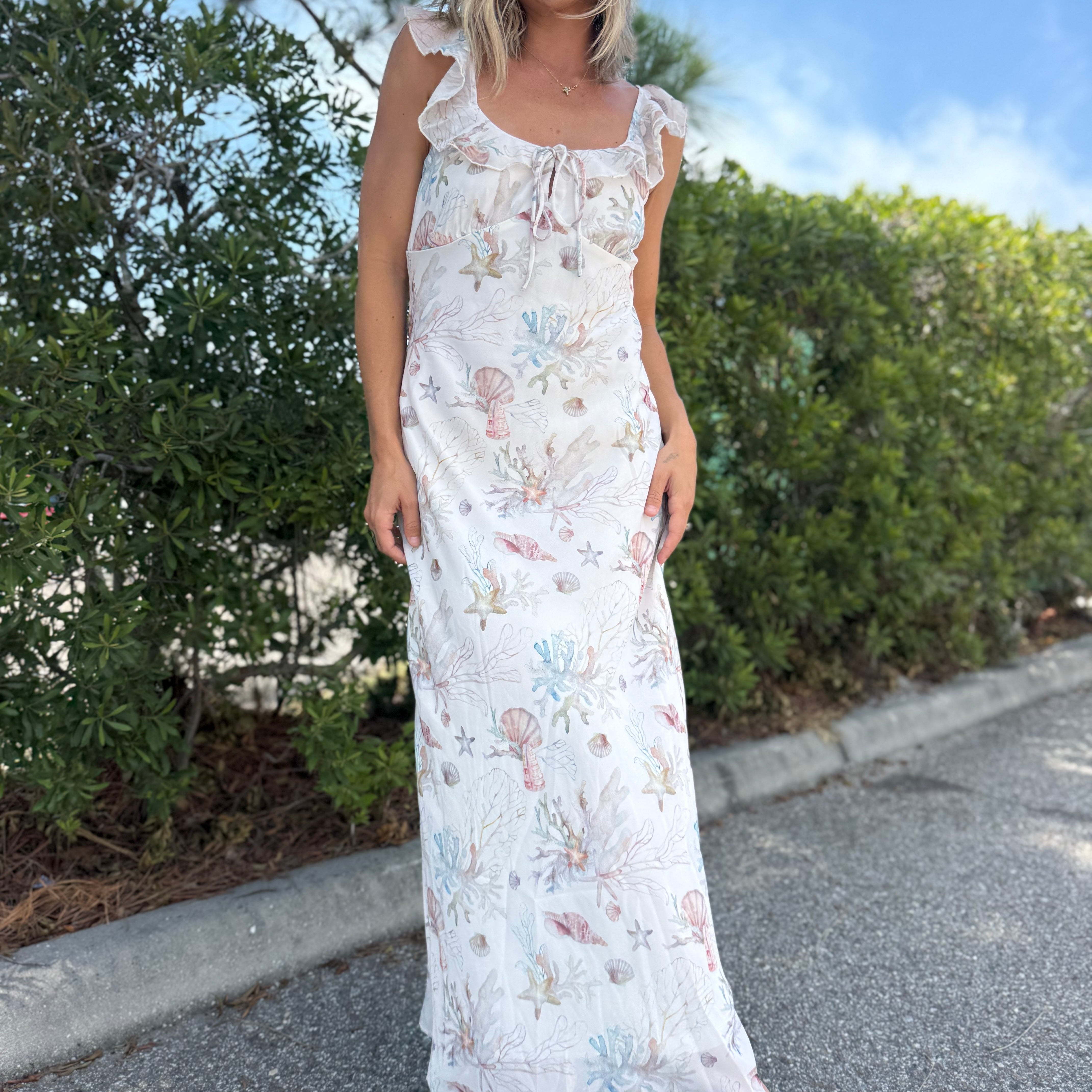 Coral Coast Ruffle Midi Dress-230 DRESSES/JUMPSUITS/ROMPERS-POLAGRAM-Heathered Boho Boutique, Women's Fashion and Accessories in Palmetto, FL