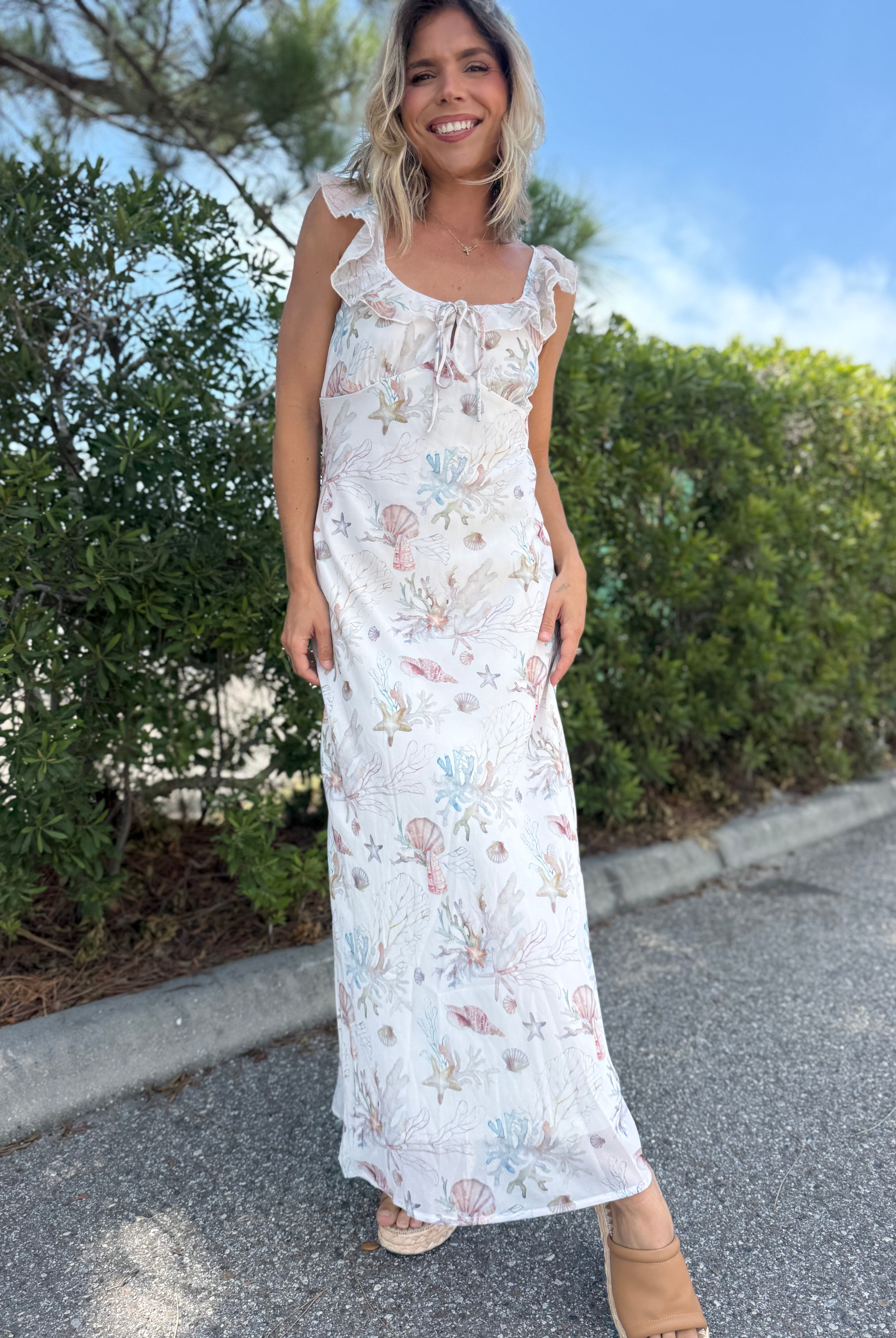 Coral Coast Ruffle Midi Dress-230 DRESSES/JUMPSUITS/ROMPERS-POLAGRAM-Heathered Boho Boutique, Women's Fashion and Accessories in Palmetto, FL