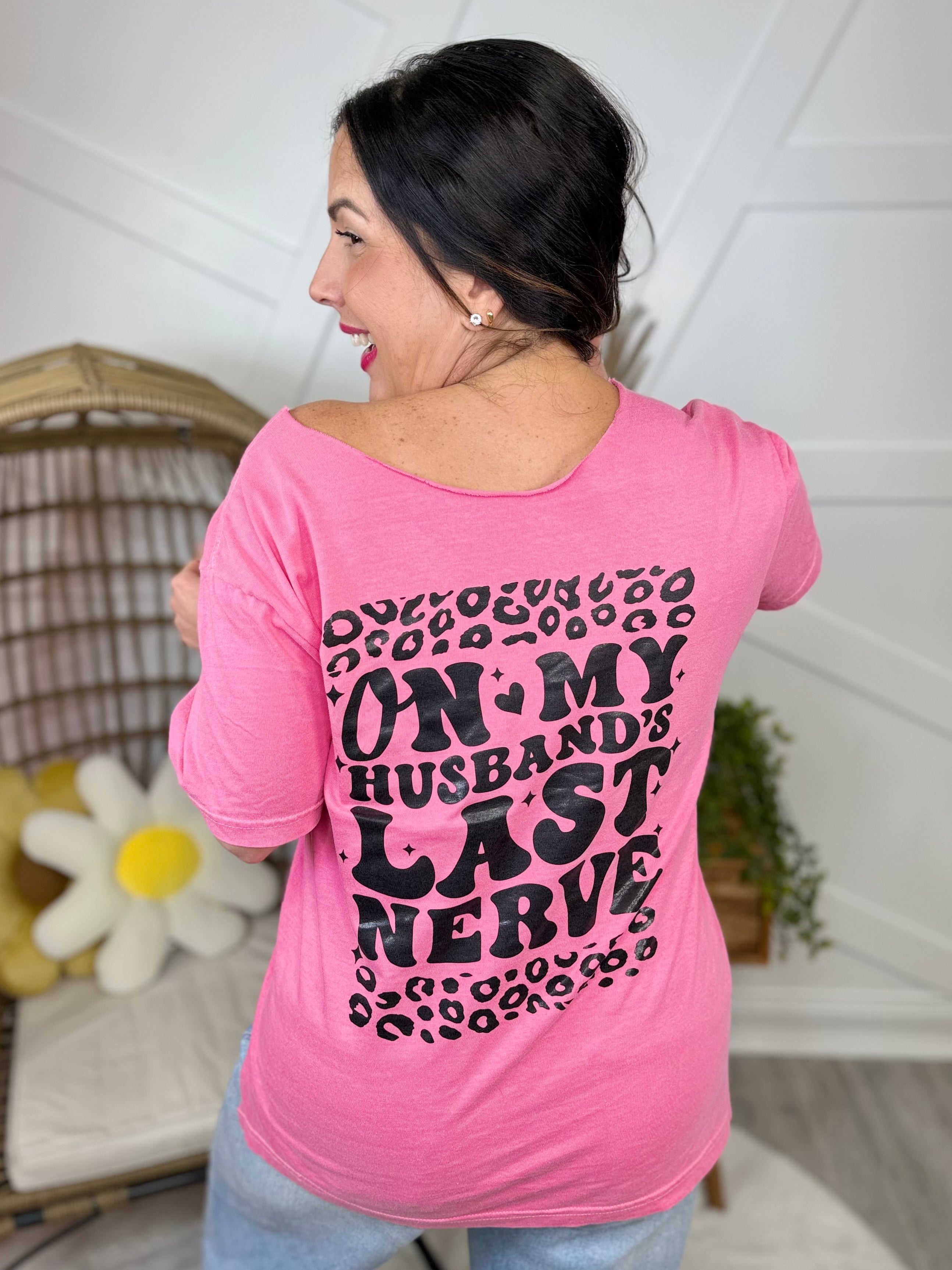 On My Husband's Last Nerve Graphic Tee- Custom Cut-130 Graphic Tees-Heathered Boho-Heathered Boho Boutique, Women's Fashion and Accessories in Palmetto, FL