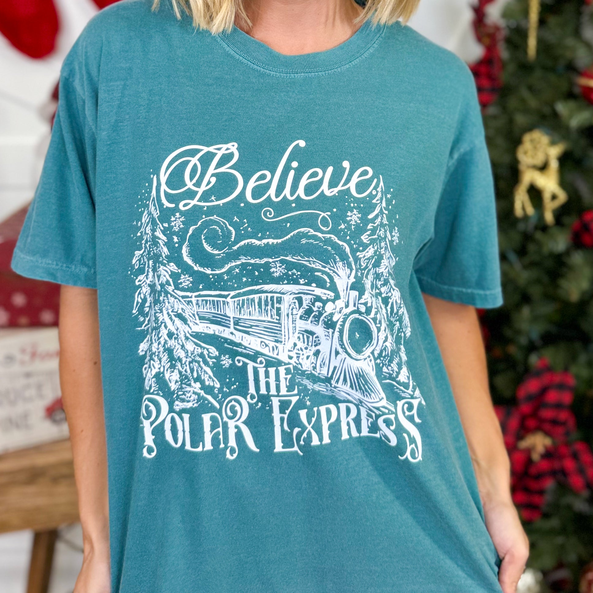 Believe The Polar Express Graphic Tee-Emerald-130 Graphic Tees-Heathered Boho-Heathered Boho Boutique, Women's Fashion and Accessories in Palmetto, FL