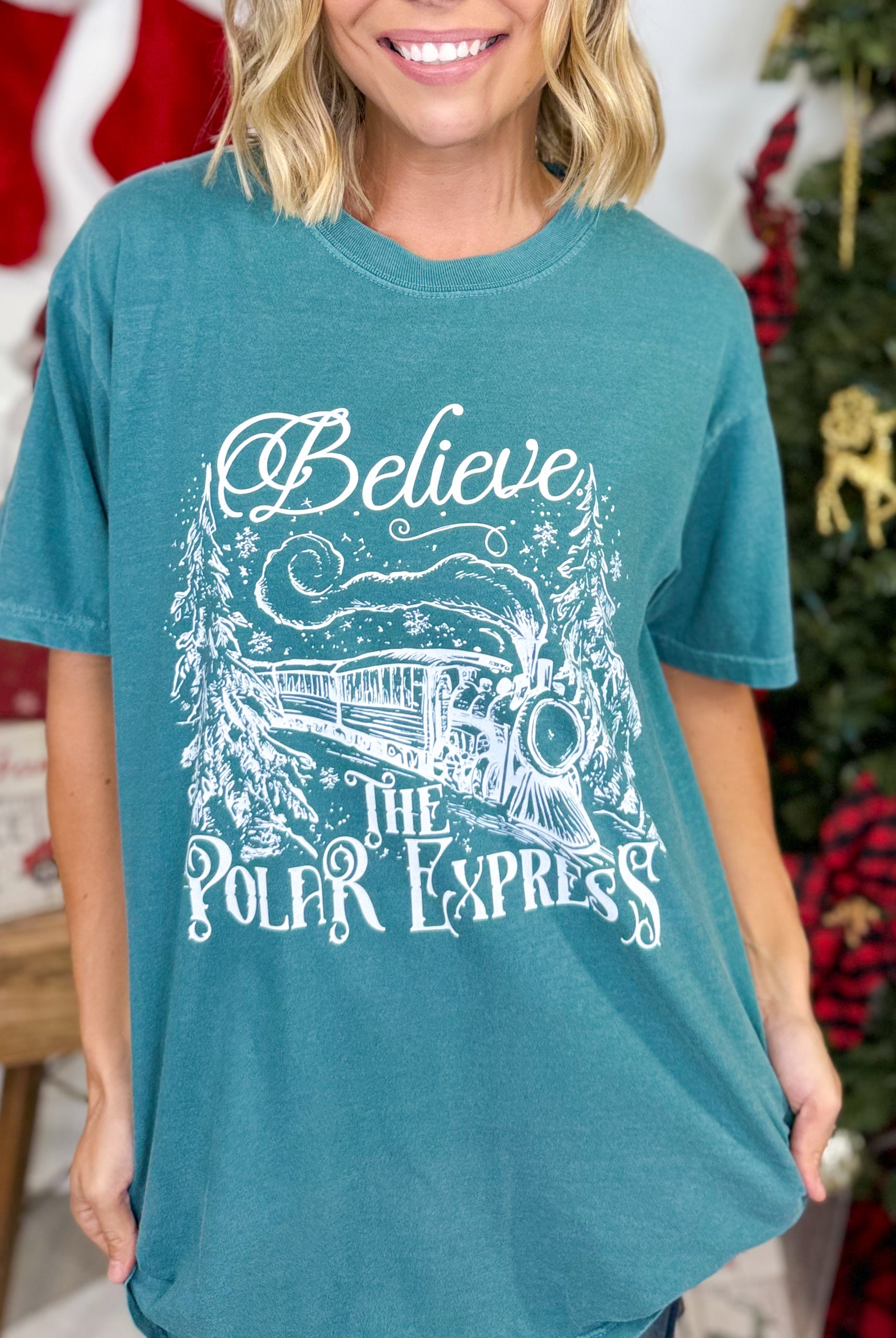 Believe The Polar Express Graphic Tee-Emerald-130 Graphic Tees-Heathered Boho-Heathered Boho Boutique, Women's Fashion and Accessories in Palmetto, FL