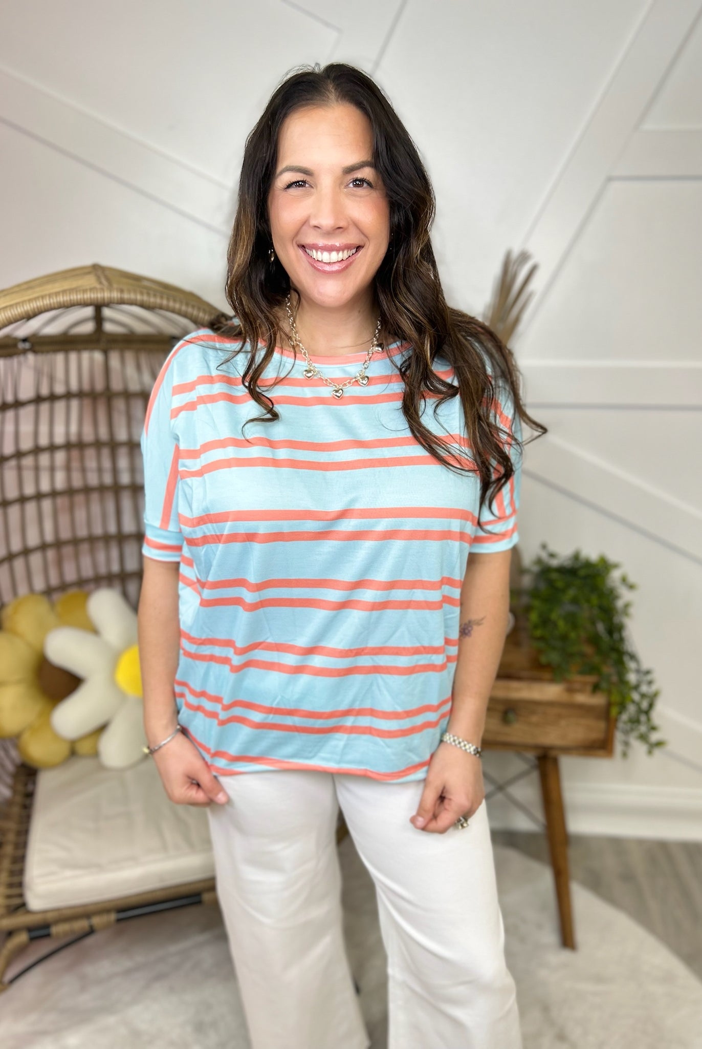 Striped for the Season Top-110 SHORT SLEEVE TOP-Celeste-Heathered Boho Boutique, Women's Fashion and Accessories in Palmetto, FL
