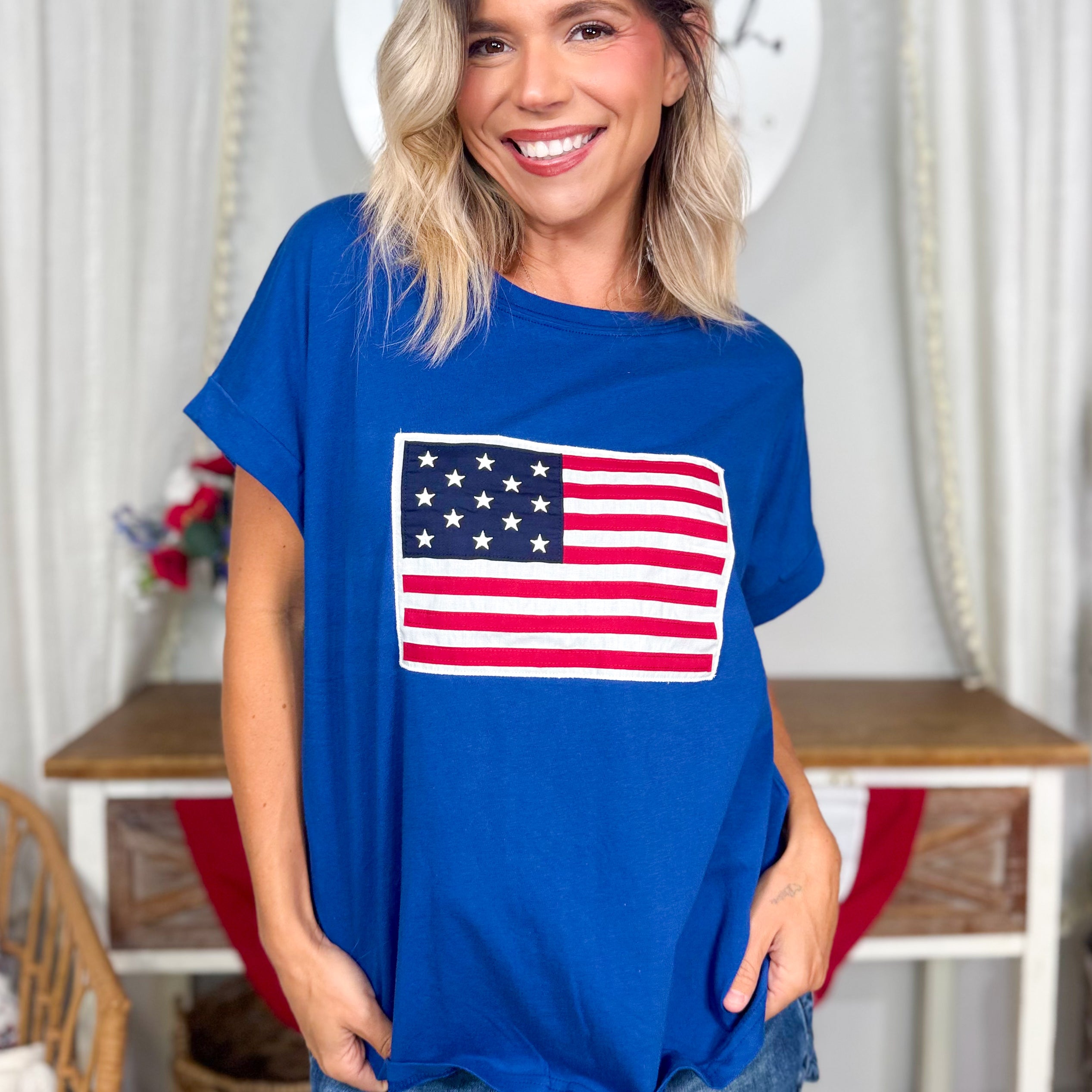 Old School Flag Top-110 SHORT SLEEVE TOP-ZENANA-Heathered Boho Boutique, Women's Fashion and Accessories in Palmetto, FL