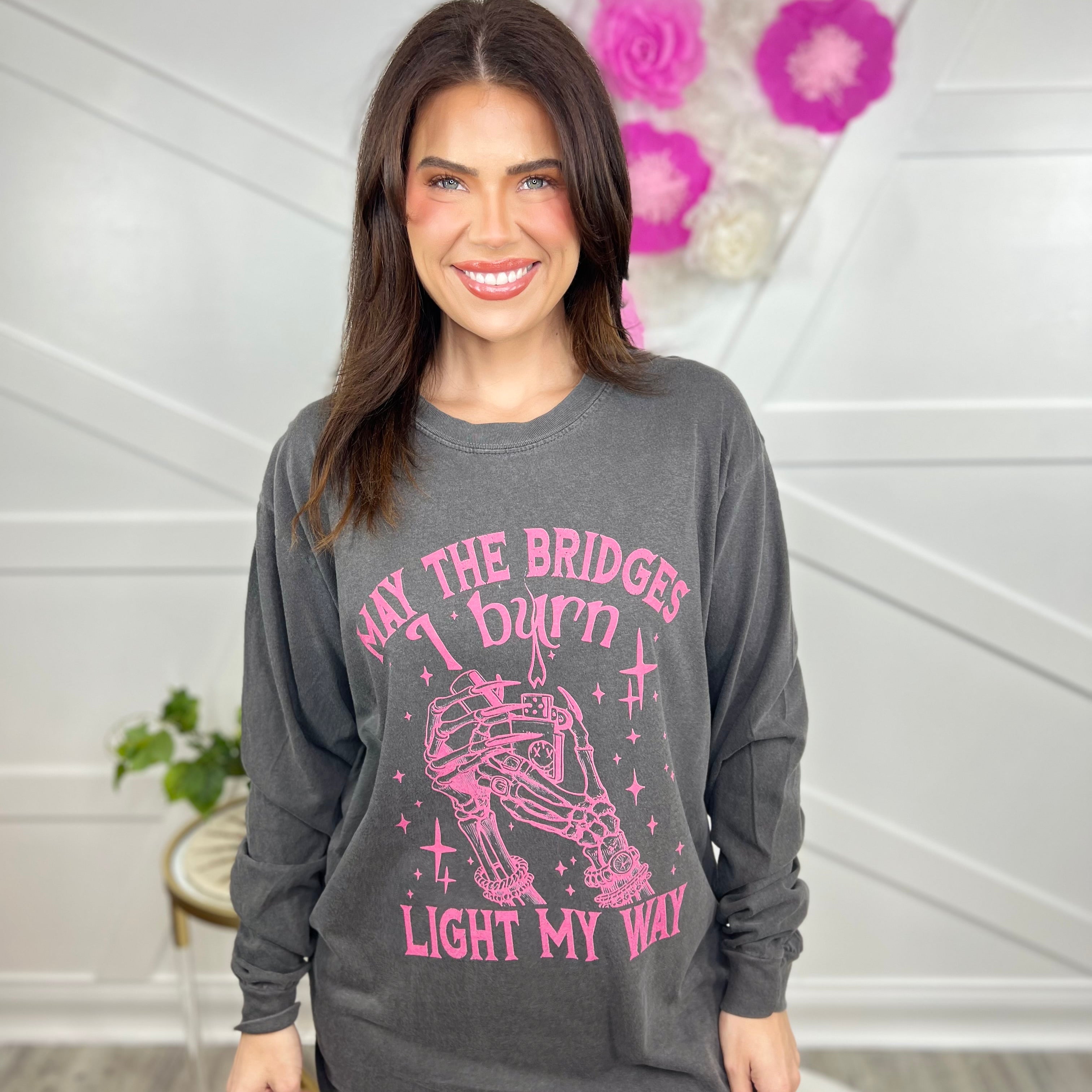 Bridges I Burn Graphic Long Sleeve - Pink-130 Graphic Tees-Heathered Boho-Heathered Boho Boutique, Women's Fashion and Accessories in Palmetto, FL