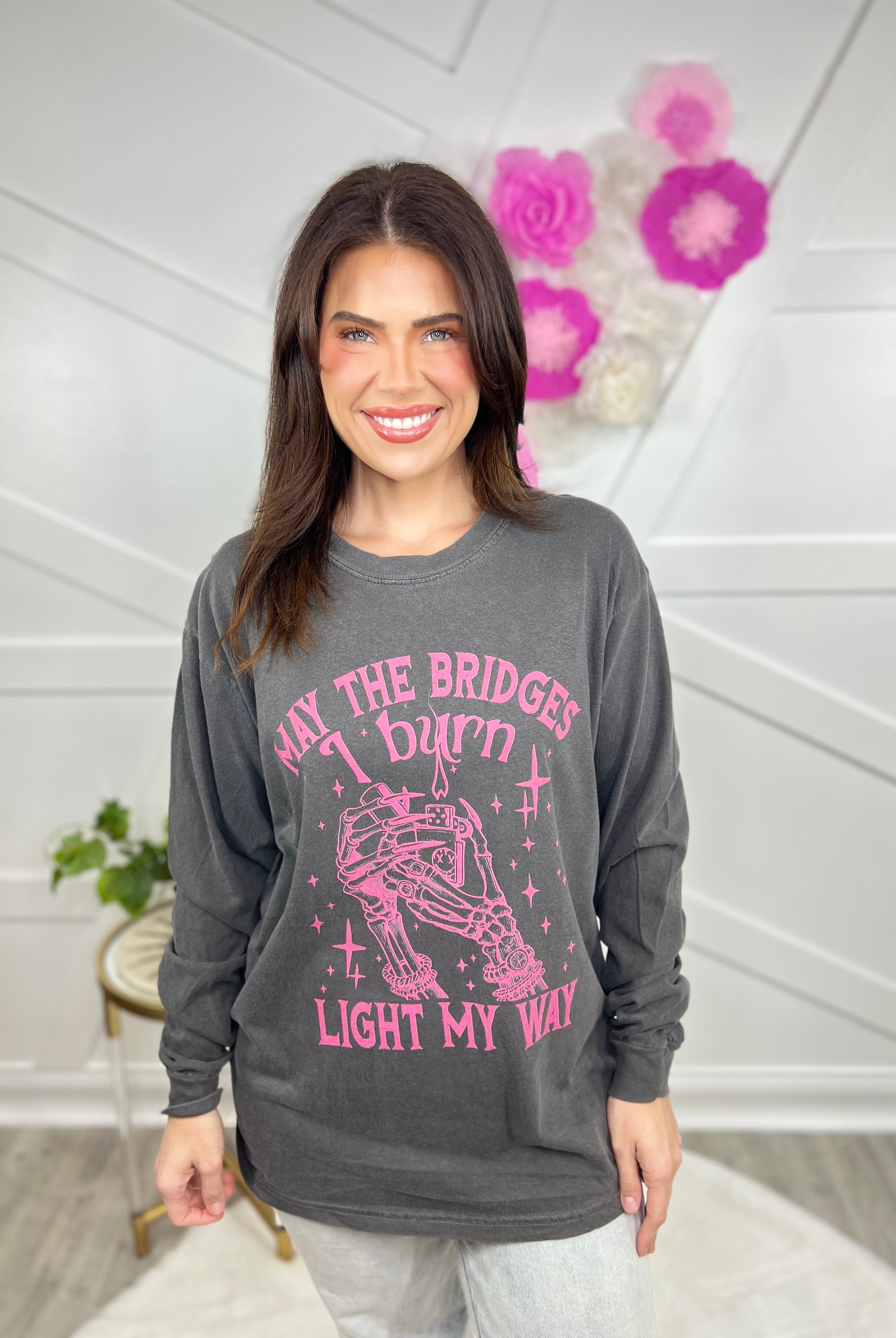 Bridges I Burn Graphic Long Sleeve - Pink-130 Graphic Tees-Heathered Boho-Heathered Boho Boutique, Women's Fashion and Accessories in Palmetto, FL