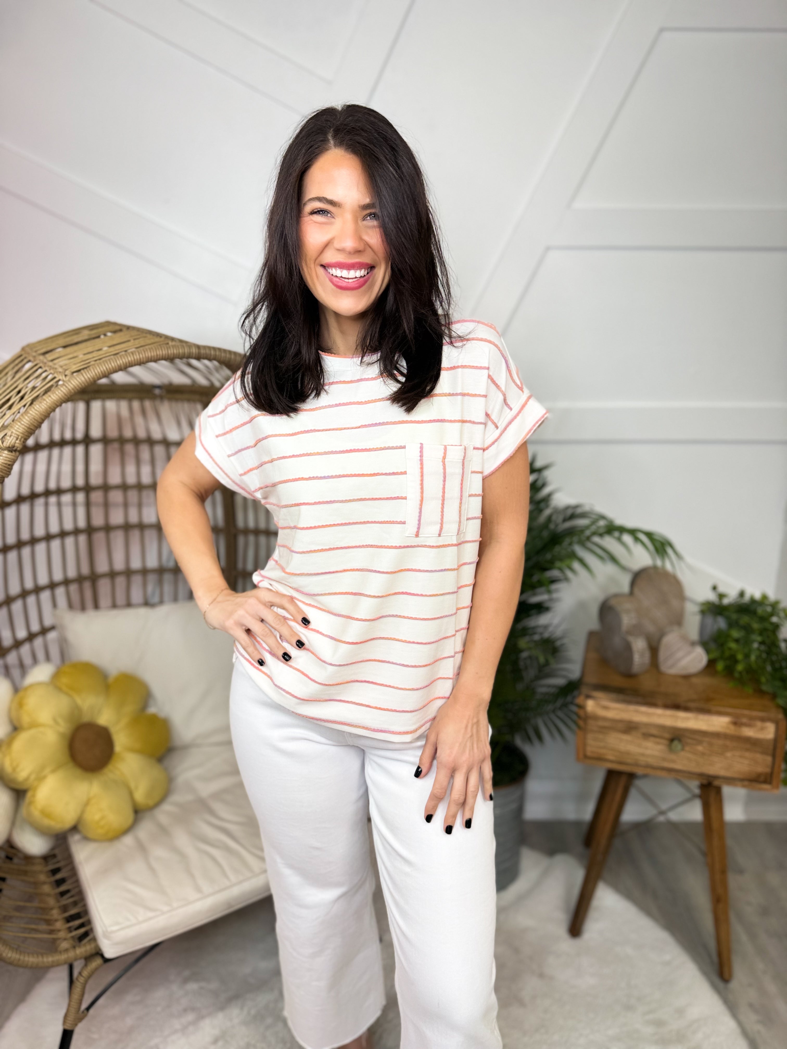 Striped Occasion Top-110 SHORT SLEEVE TOP-SEW IN LOVE-Heathered Boho Boutique, Women's Fashion and Accessories in Palmetto, FL