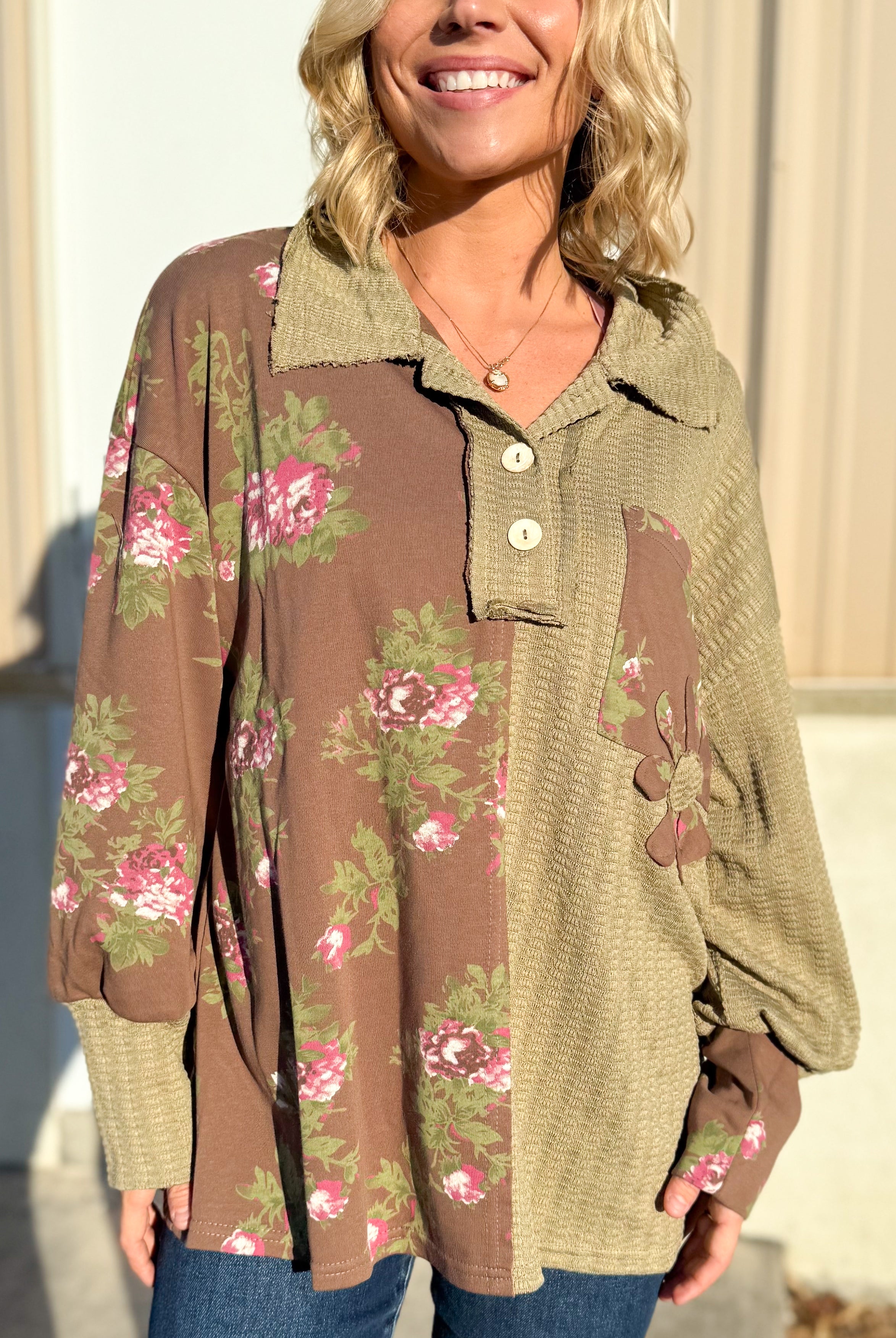 Secret Garden Button Top-120 LONG SLEEVE TOPS-Davi & Dani-Heathered Boho Boutique, Women's Fashion and Accessories in Palmetto, FL