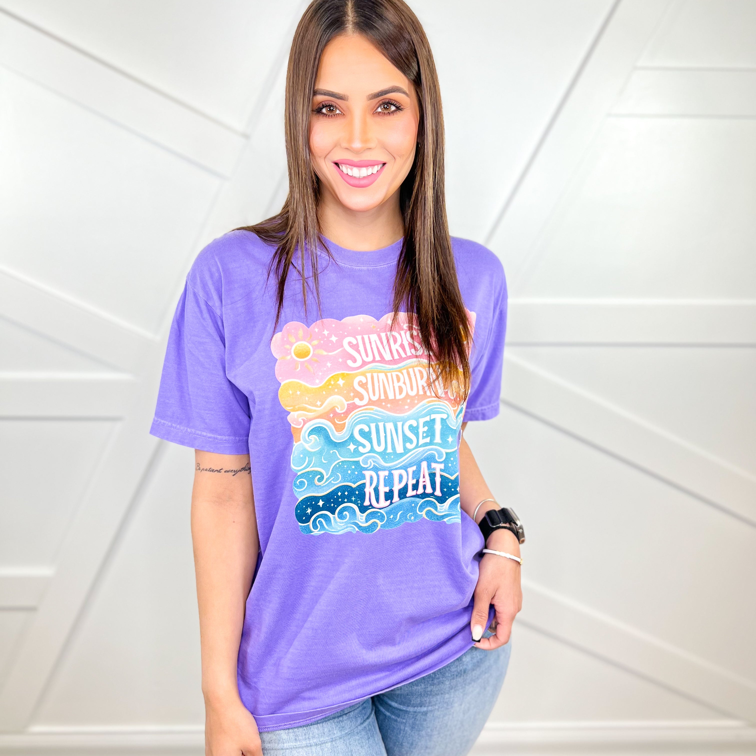 Sunrise Sunburn Sunset Repeat Graphic Tee-130 Graphic Tees-Heathered Boho-Heathered Boho Boutique, Women's Fashion and Accessories in Palmetto, FL