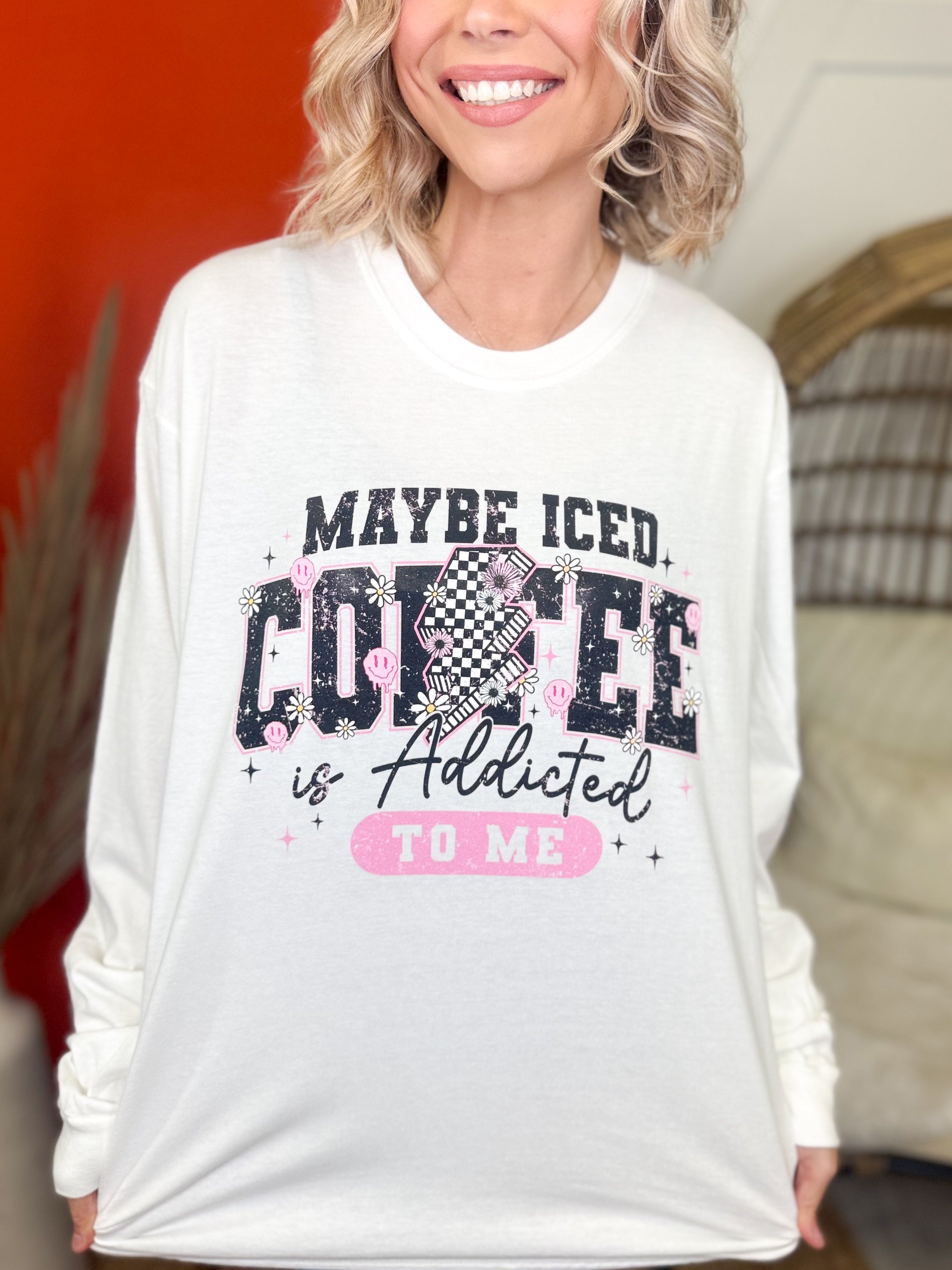 Maybe Iced Coffee Is Addicted To Me Graphic Long Sleeve-130 Graphic Tees-Heathered Boho-Heathered Boho Boutique, Women's Fashion and Accessories in Palmetto, FL