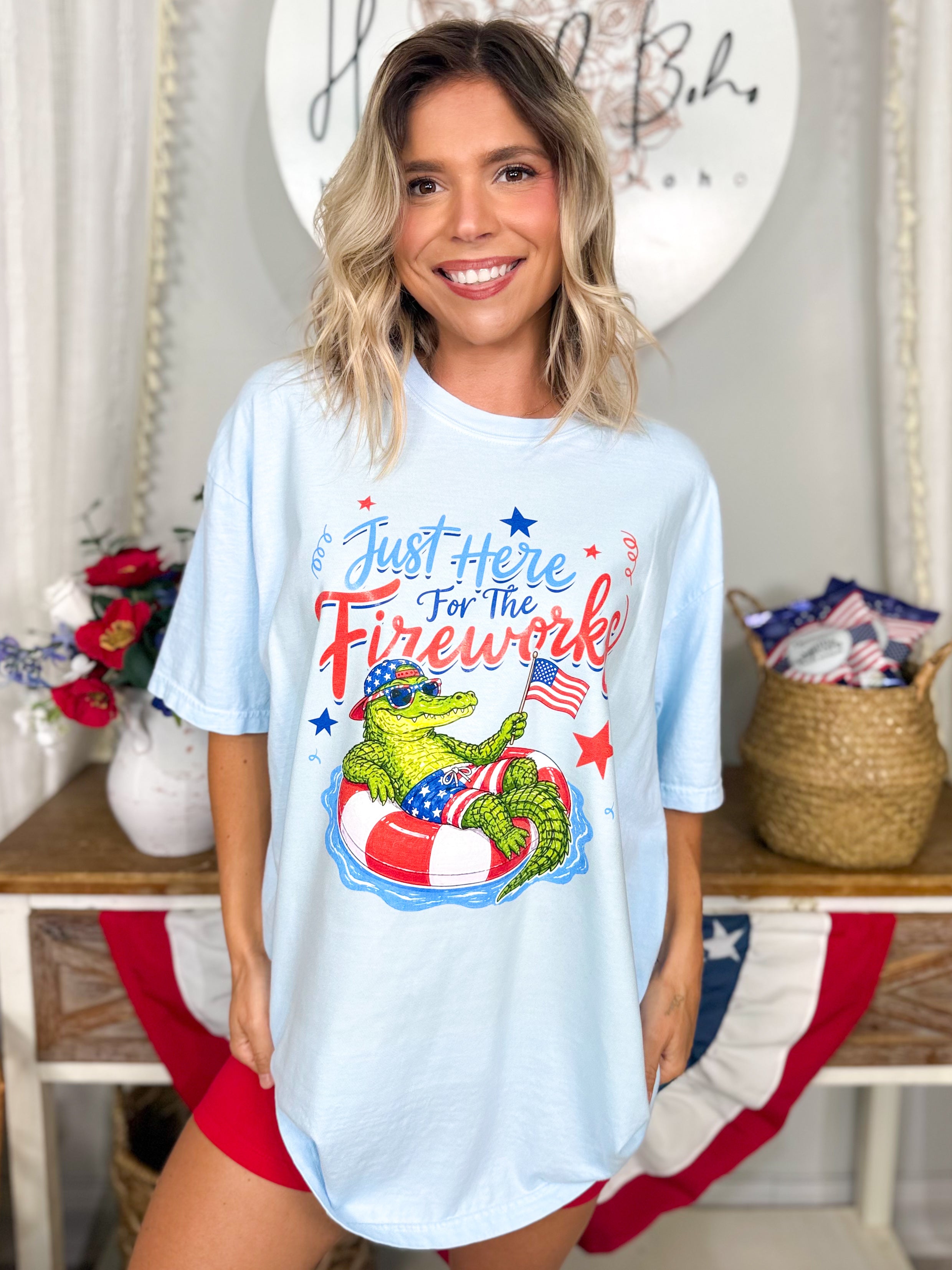Just Here for the Fireworks Gator Graphic Tee-130 Graphic Tees-Heathered Boho-Heathered Boho Boutique, Women's Fashion and Accessories in Palmetto, FL