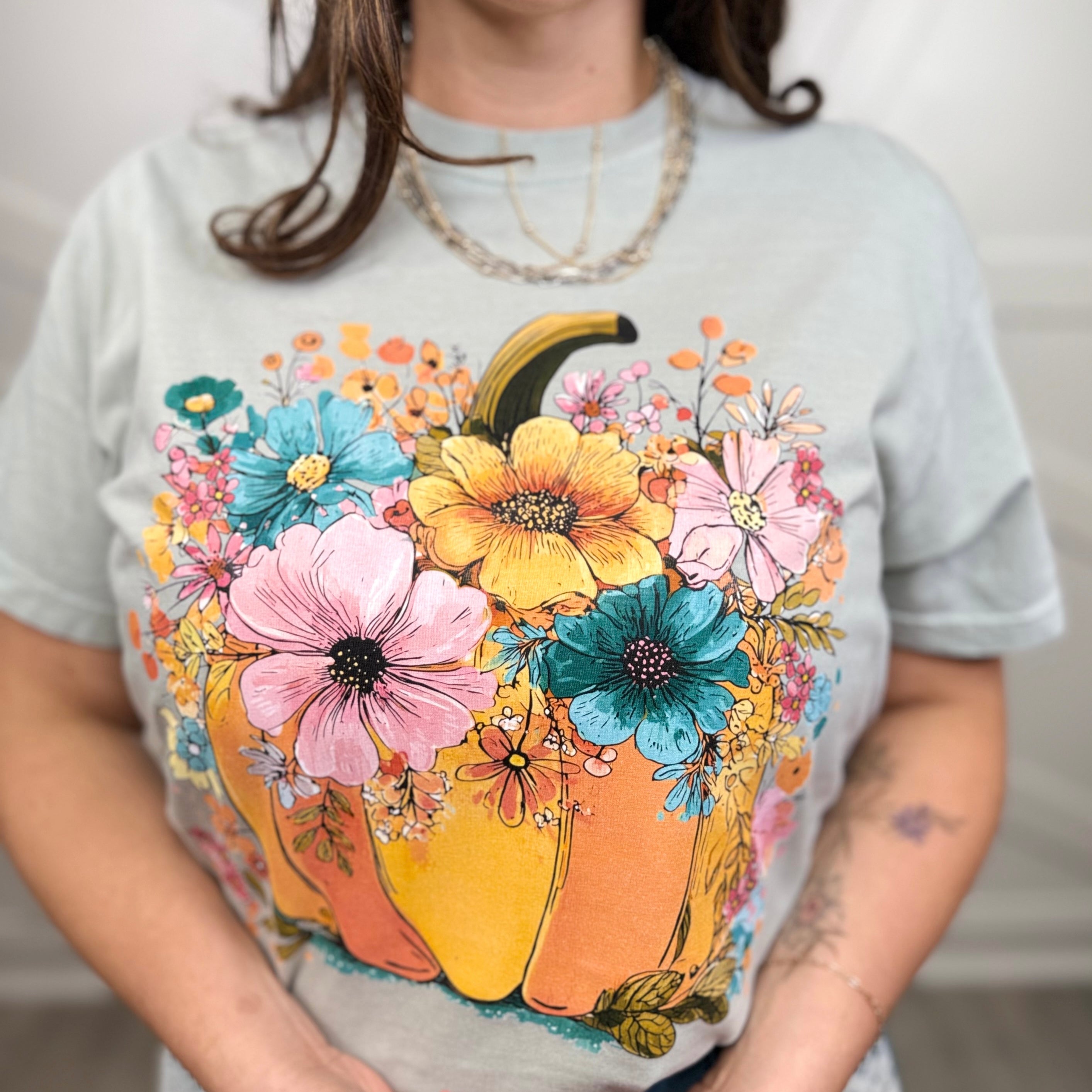 Boho Floral Pumpkin Graphic Tee-130 Graphic Tees-Heathered Boho-Heathered Boho Boutique, Women's Fashion and Accessories in Palmetto, FL