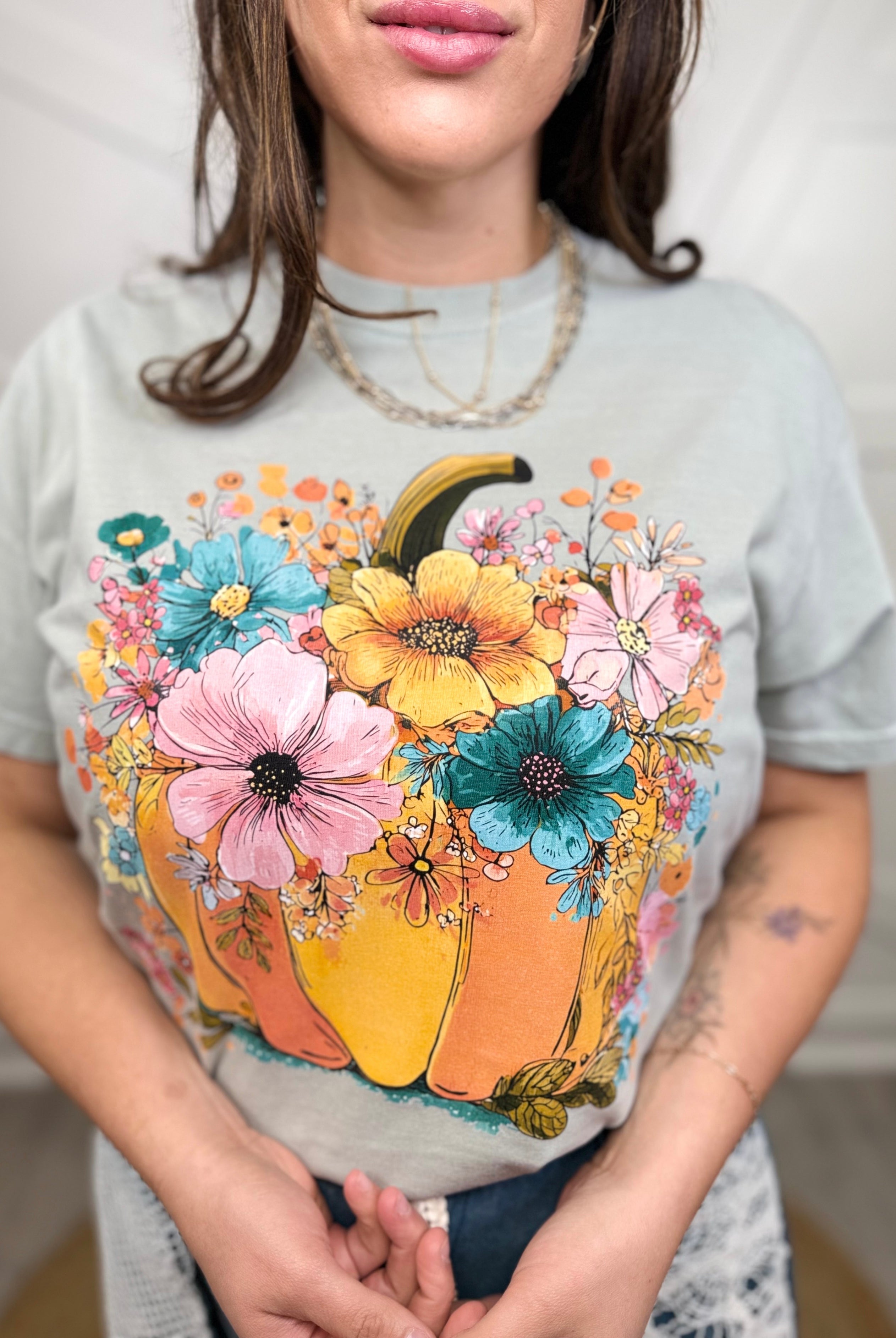 Boho Floral Pumpkin Graphic Tee-130 Graphic Tees-Heathered Boho-Heathered Boho Boutique, Women's Fashion and Accessories in Palmetto, FL