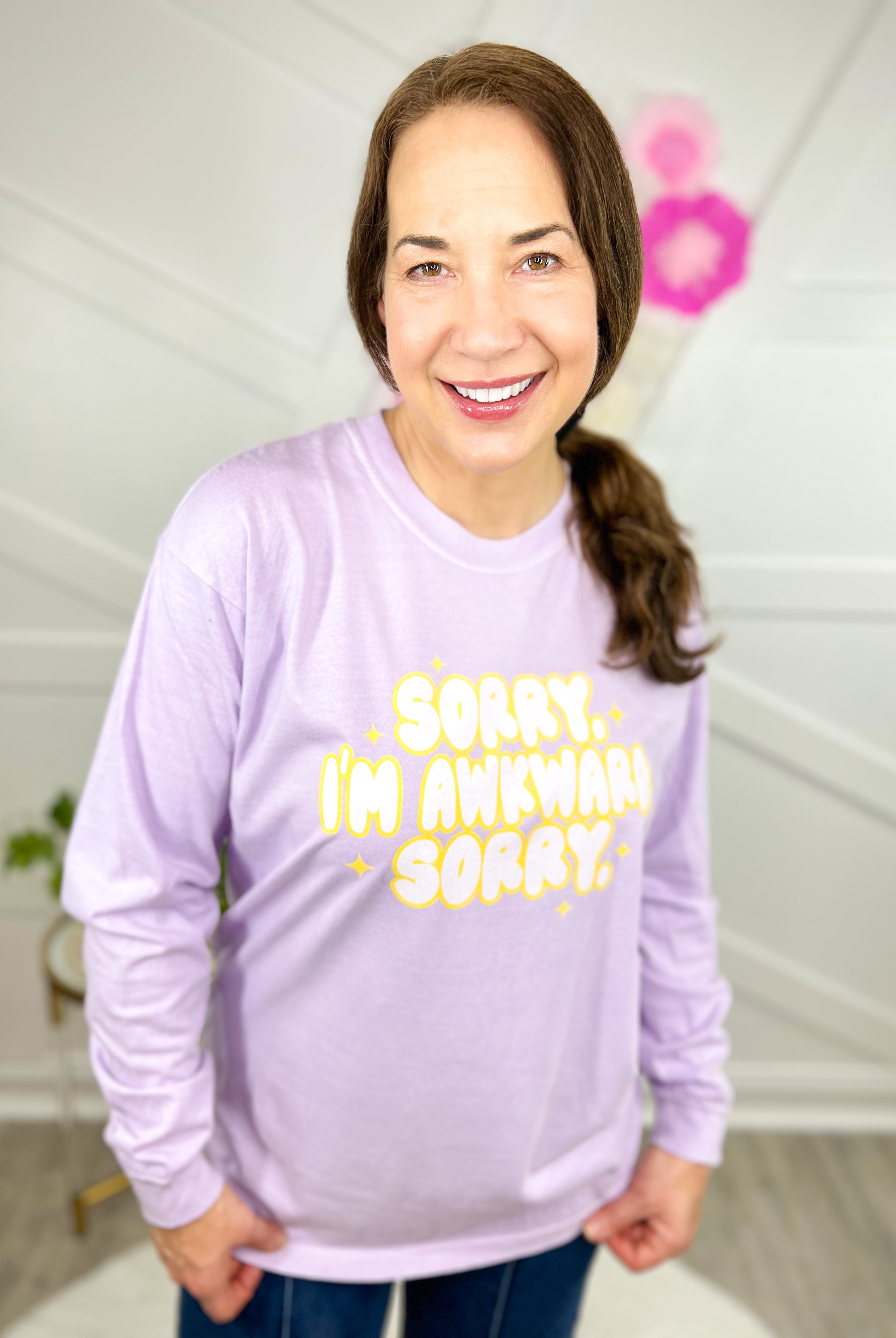 Sorry I'm Awkward Graphic Long Sleeve-130 Graphic Tees-Heathered Boho-Heathered Boho Boutique, Women's Fashion and Accessories in Palmetto, FL