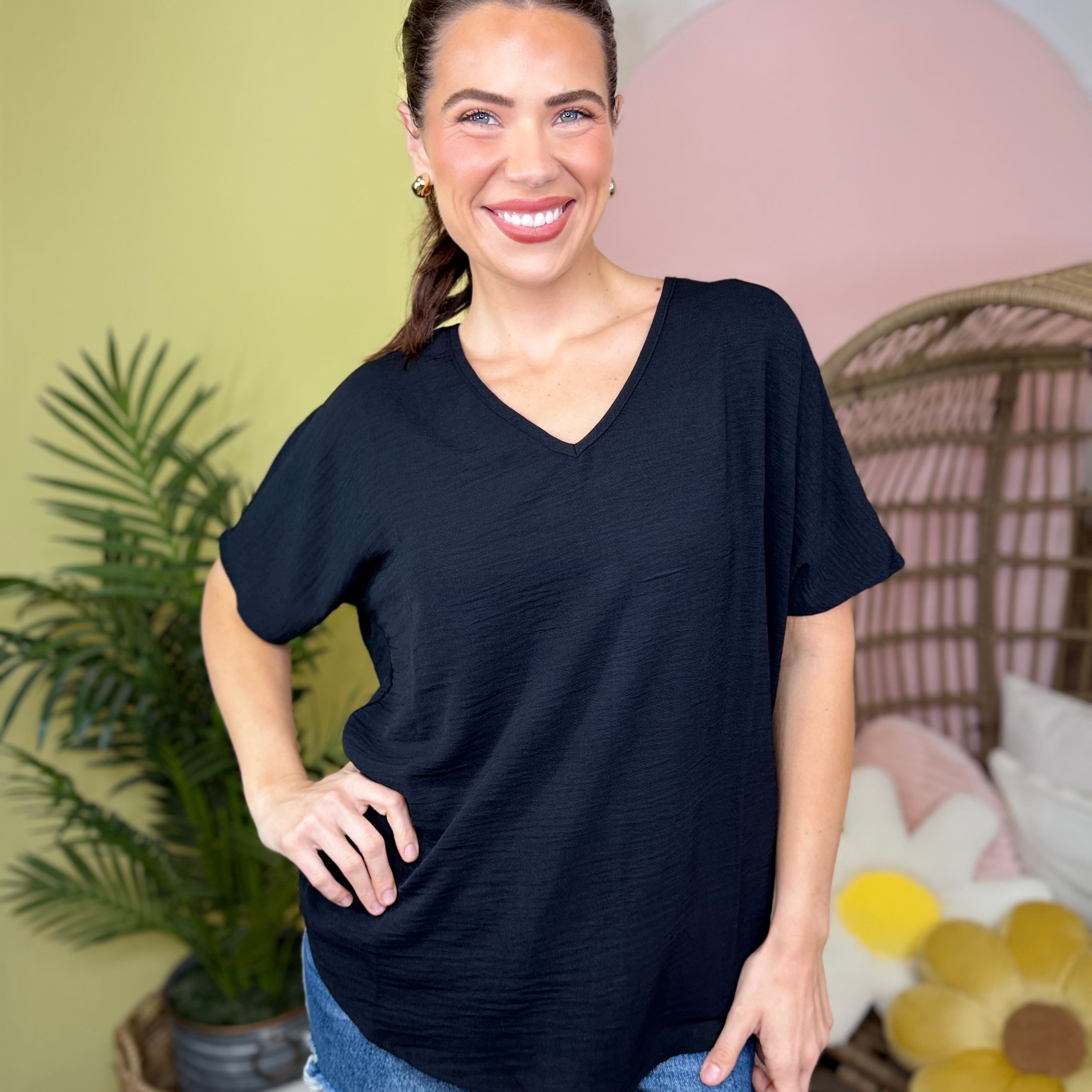 Breezy Days V-Neck Top-110 SHORT SLEEVE TOP-ZENANA-Heathered Boho Boutique, Women's Fashion and Accessories in Palmetto, FL