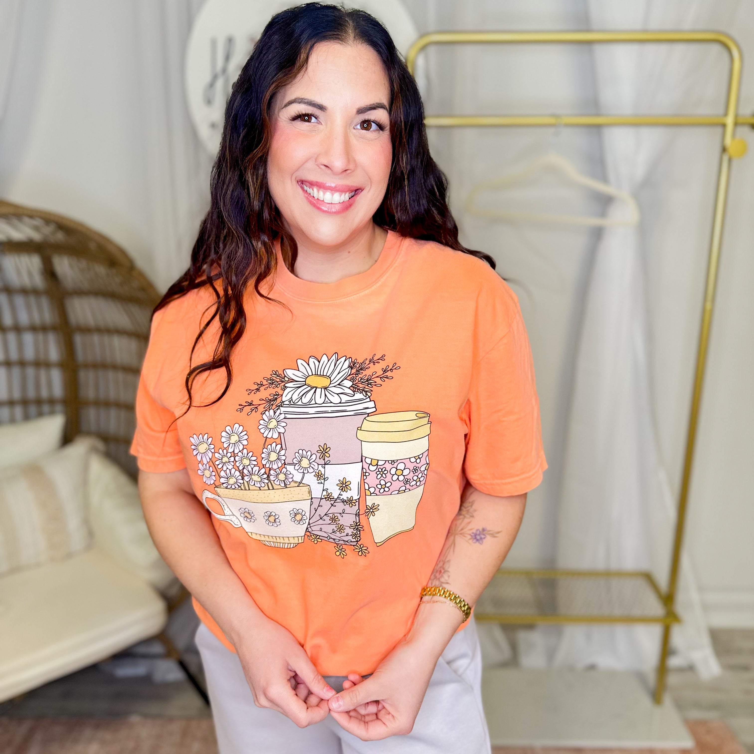 Coffee and Flowers Graphic Tee-130 Graphic Tees-Heathered Boho-Heathered Boho Boutique, Women's Fashion and Accessories in Palmetto, FL