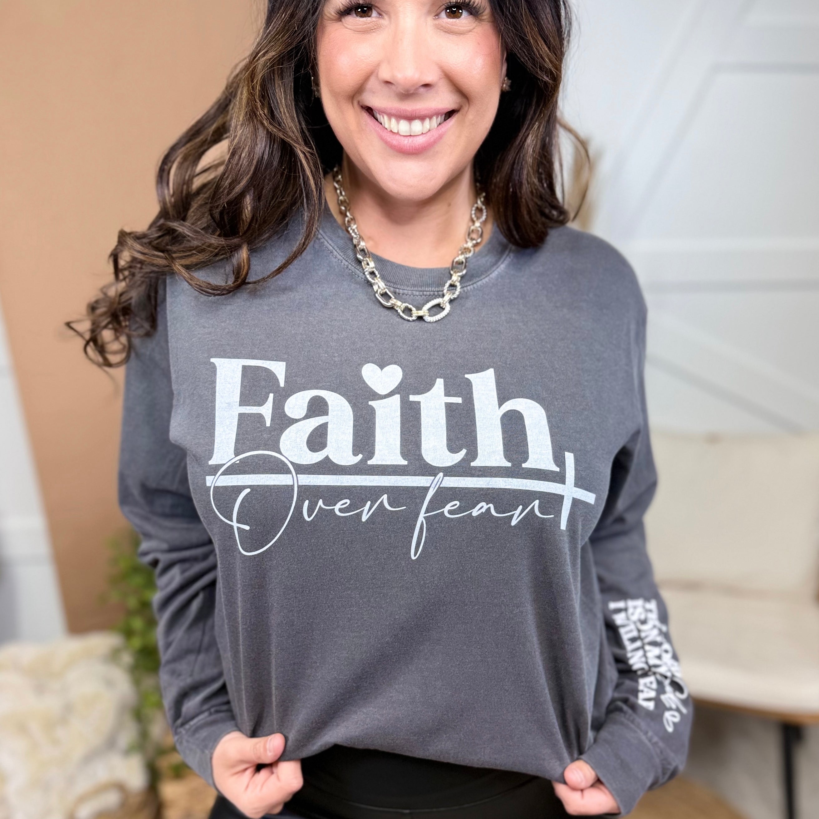 Will Not Fear-White Text-Graphic Long Sleeve-130 Graphic Tees-Heathered Boho-Heathered Boho Boutique, Women's Fashion and Accessories in Palmetto, FL