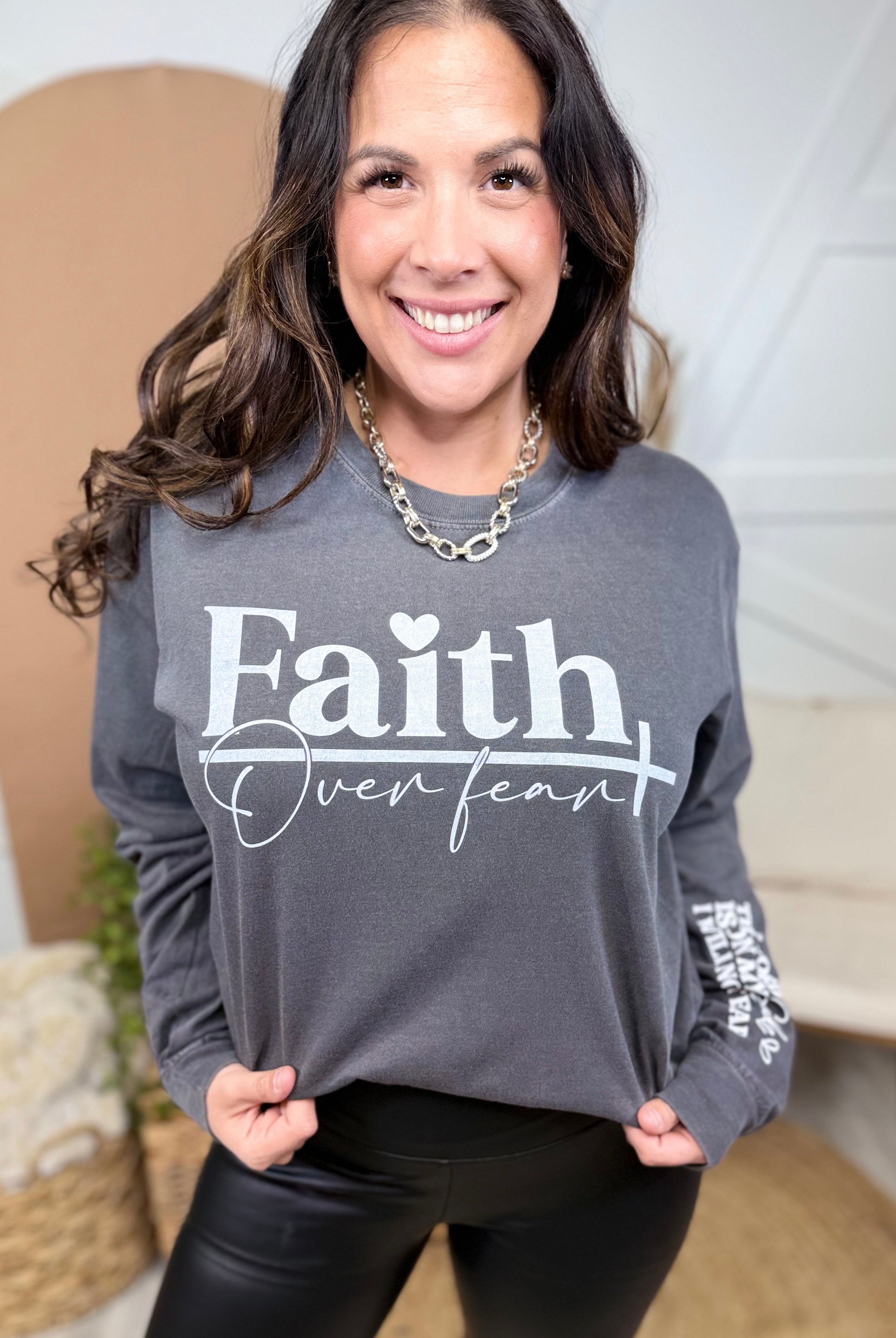 Will Not Fear-White Text-Graphic Long Sleeve-130 Graphic Tees-Heathered Boho-Heathered Boho Boutique, Women's Fashion and Accessories in Palmetto, FL