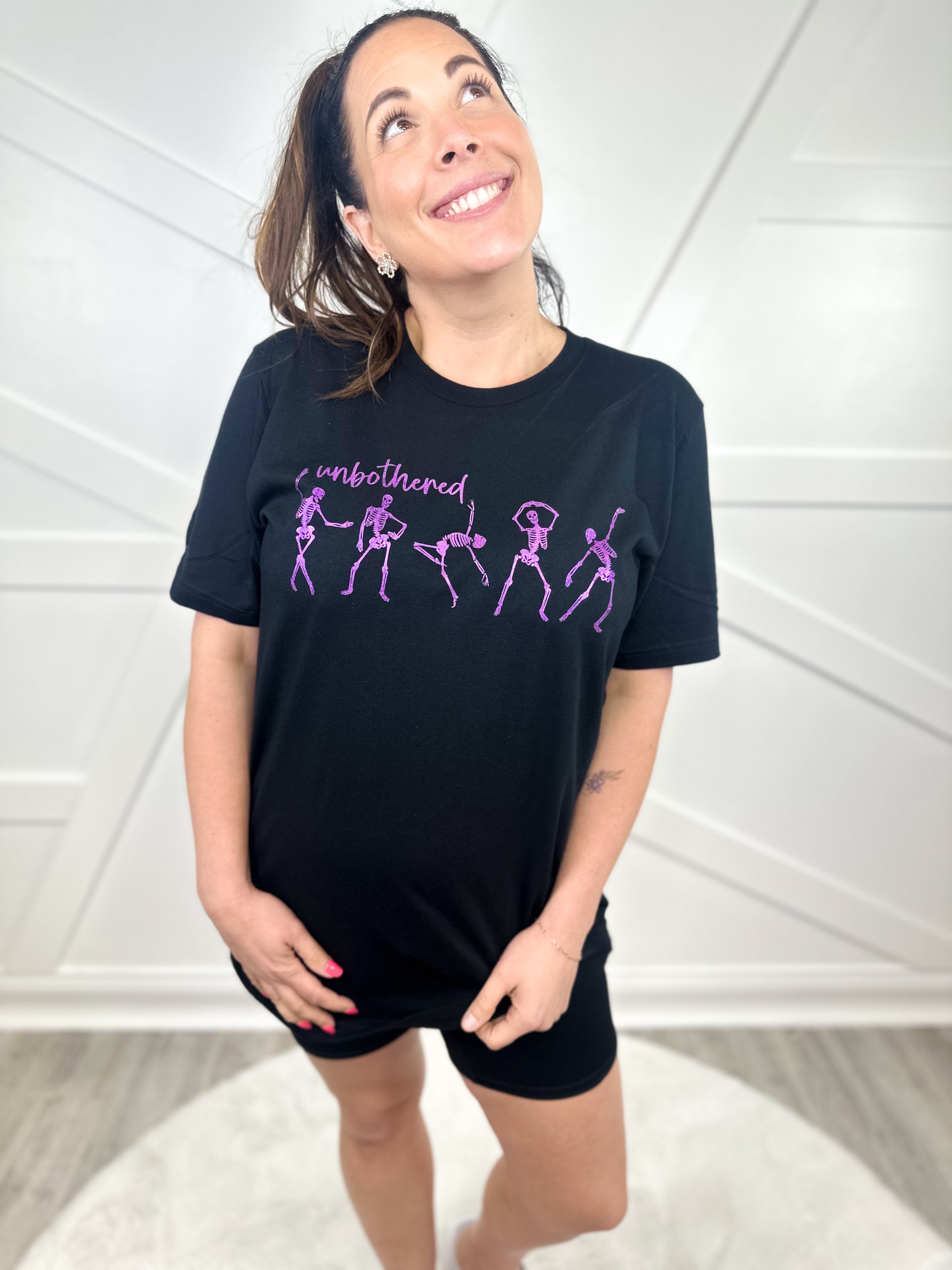 Foil Unbothered Skully Graphic Tee-130 Graphic Tees-Heathered Boho-Heathered Boho Boutique, Women's Fashion and Accessories in Palmetto, FL