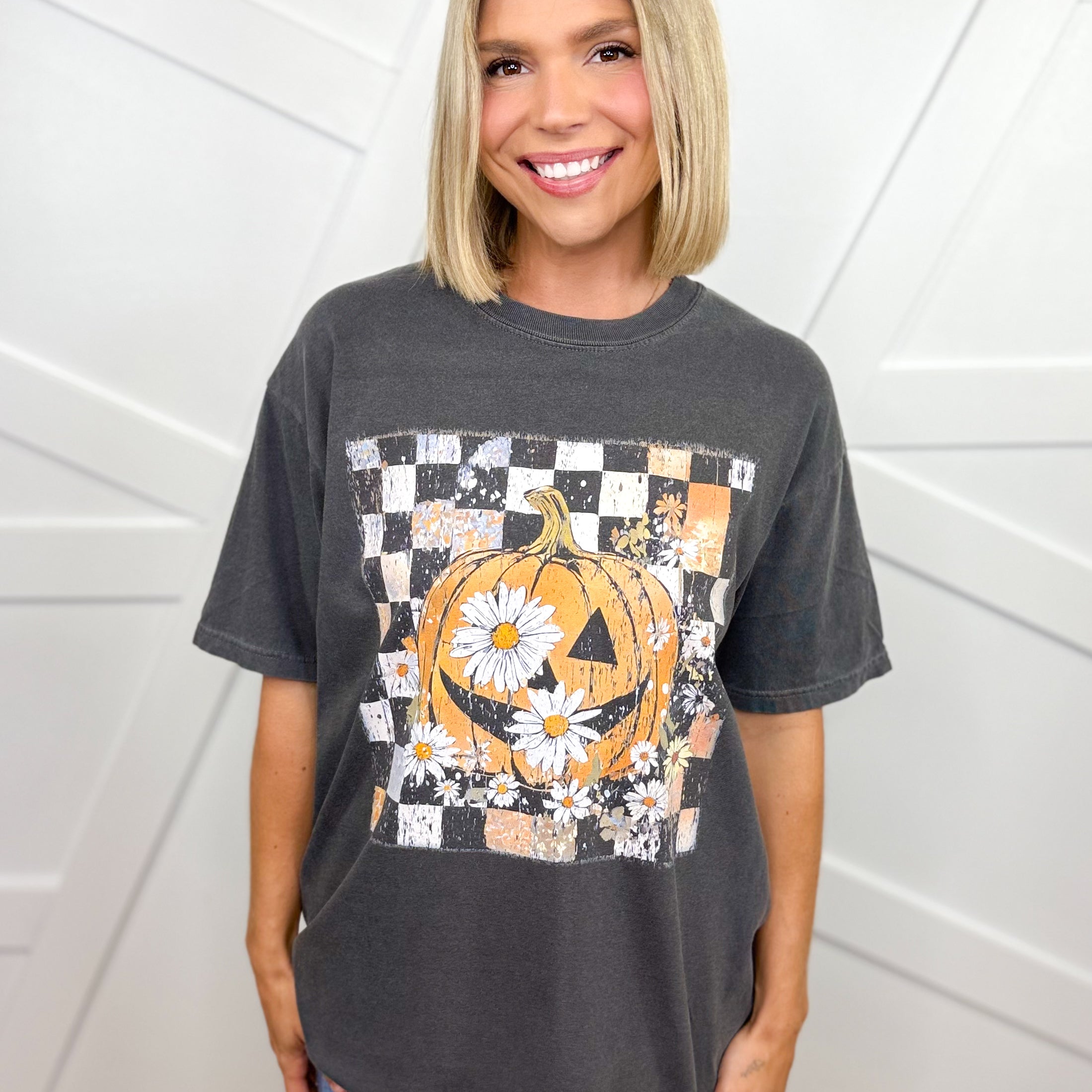 Checkered Pumpkin Graphic Tee-120 Long Sleeve Tops-Heathered Boho-Heathered Boho Boutique, Women's Fashion and Accessories in Palmetto, FL