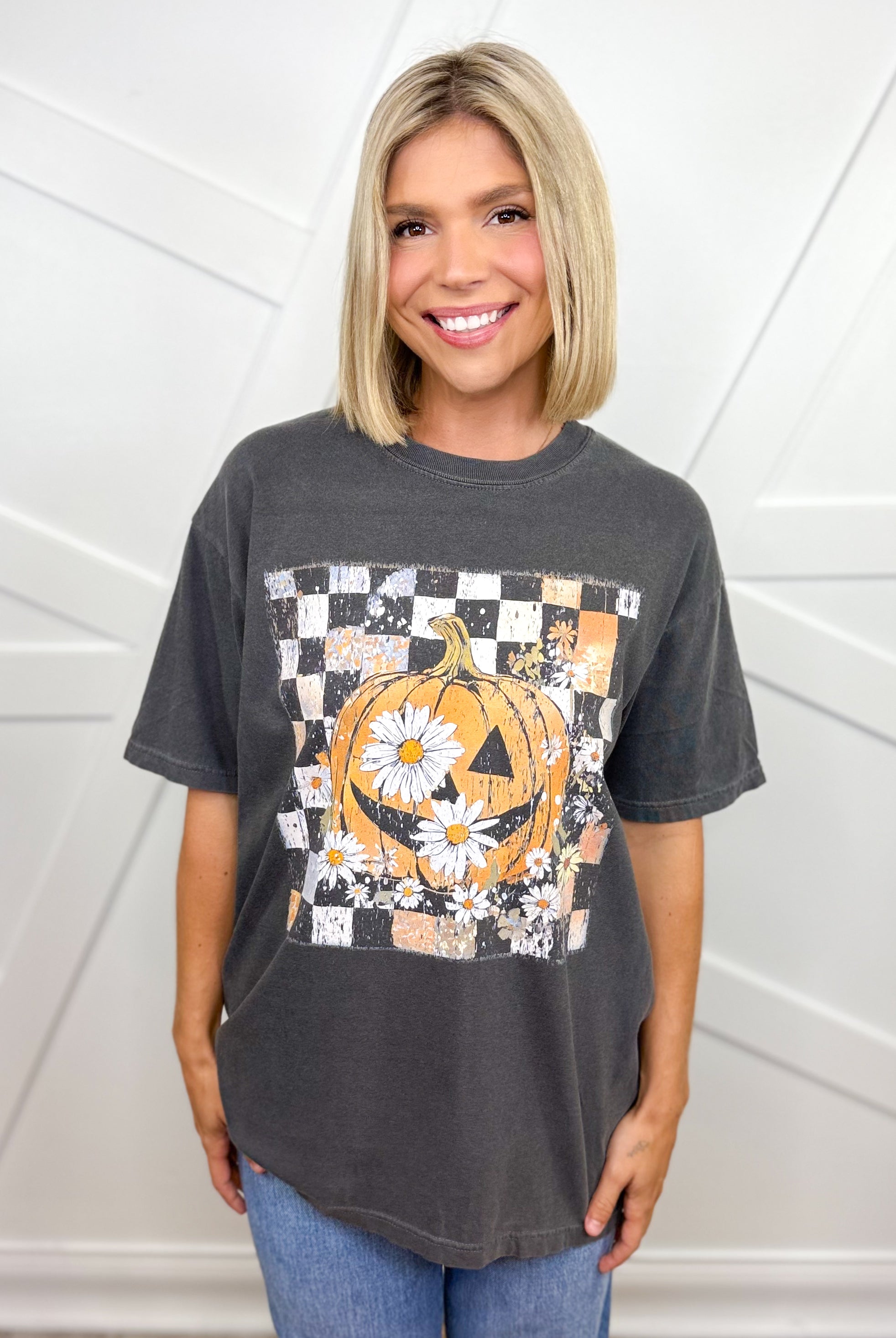 Checkered Pumpkin Graphic Tee-120 Long Sleeve Tops-Heathered Boho-Heathered Boho Boutique, Women's Fashion and Accessories in Palmetto, FL