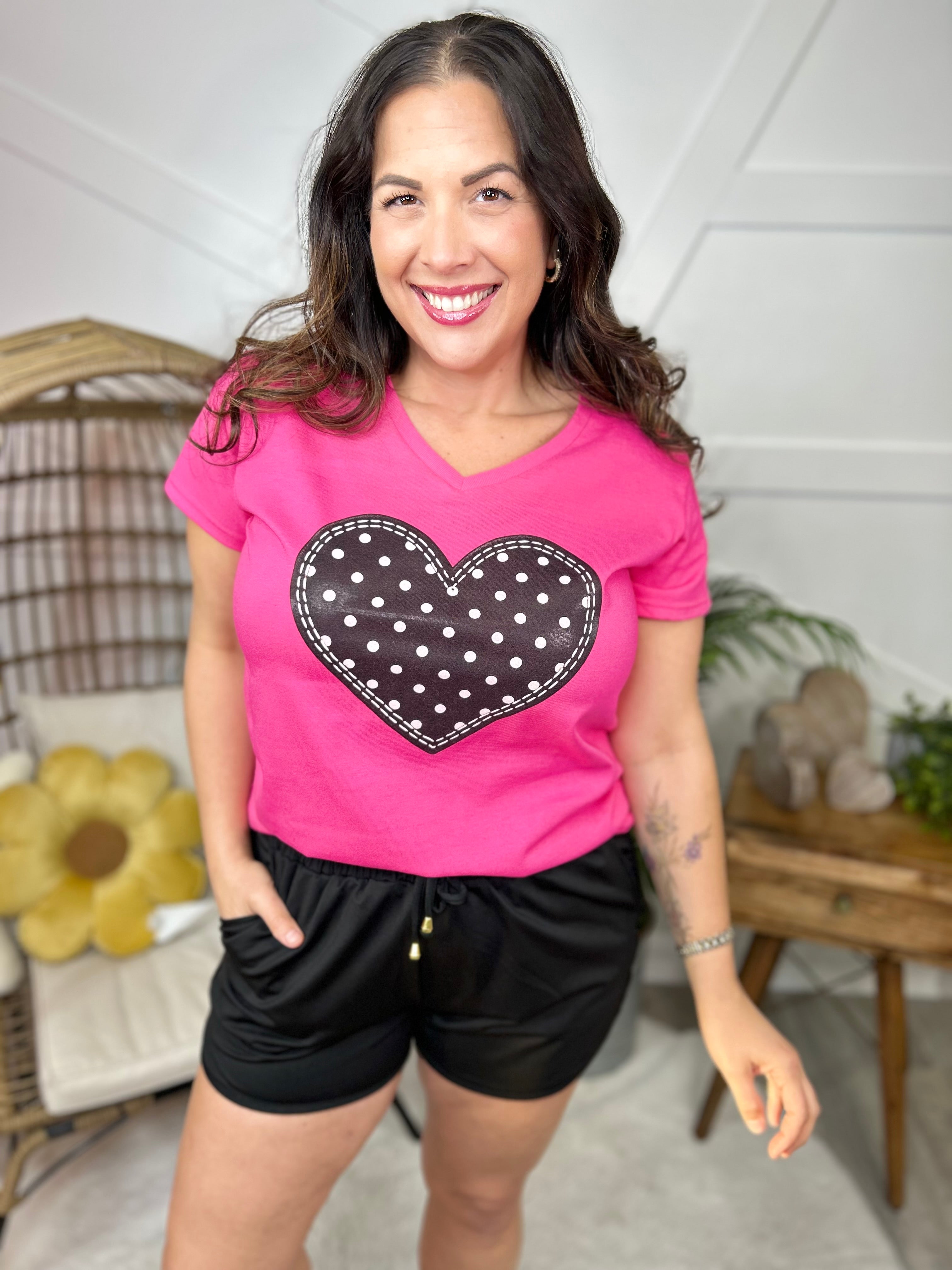 Stitched Heart w/ Polka Dots V-Neck Graphic Tee-130 Graphic Tees-Heathered Boho-Heathered Boho Boutique, Women's Fashion and Accessories in Palmetto, FL