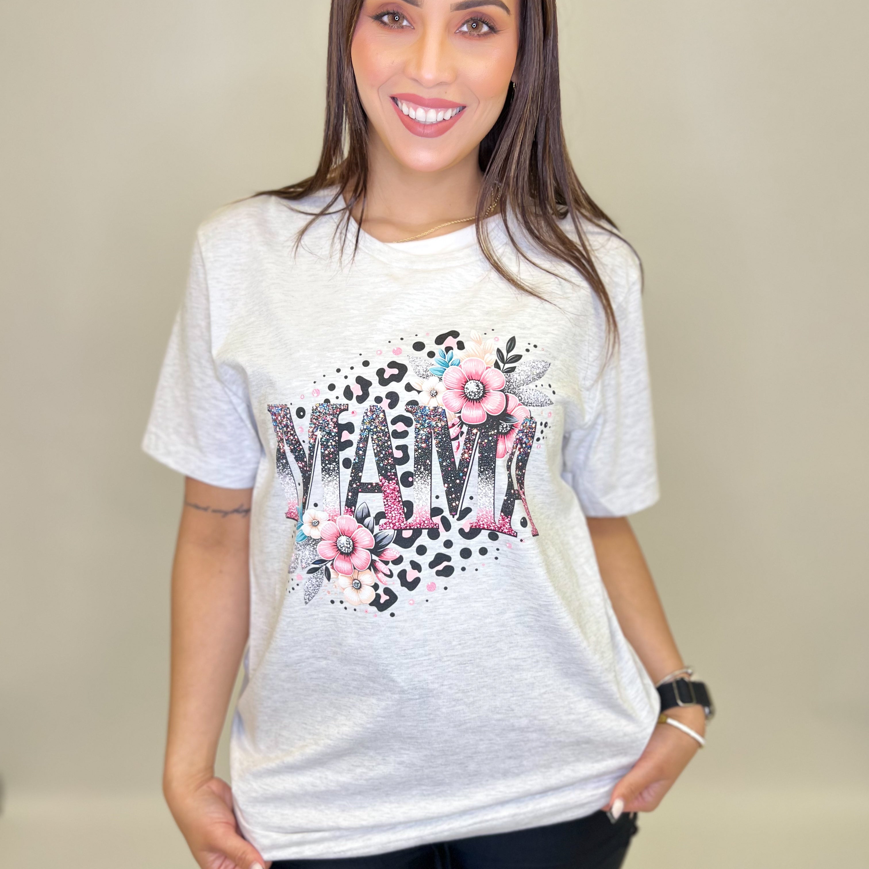 Glitter Pink Mama Graphic Tee-130 Graphic Tees-Heathered Boho-Heathered Boho Boutique, Women's Fashion and Accessories in Palmetto, FL
