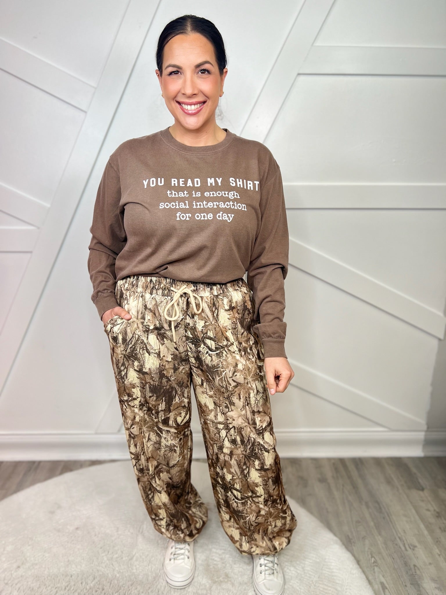 Enough Social Interaction Graphic Long Sleeve-130 Graphic Tees-Heathered Boho-Heathered Boho Boutique, Women's Fashion and Accessories in Palmetto, FL