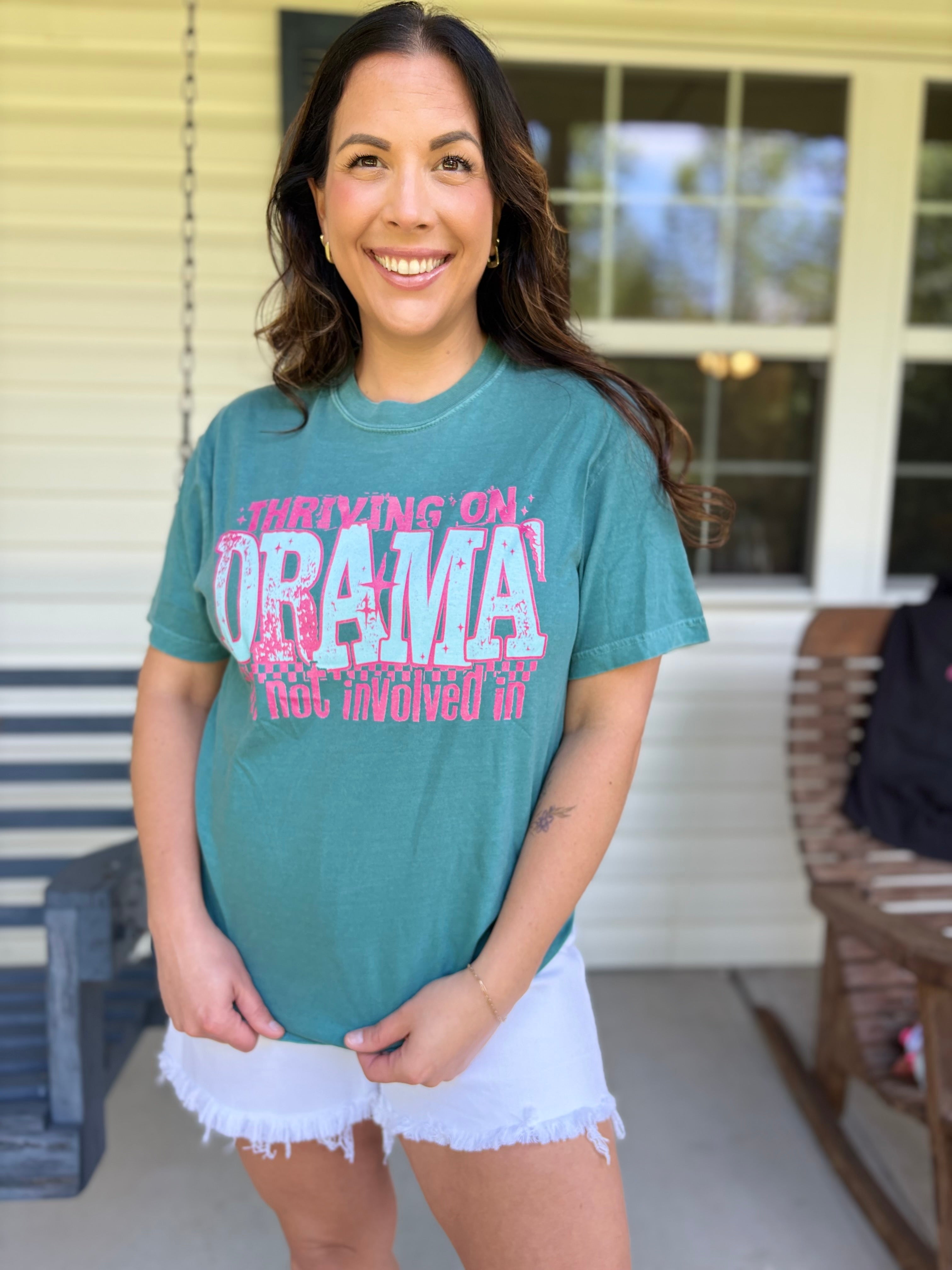 Thriving On Drama Graphic Tee - Emerald-130 Graphic Tees-Heathered Boho-Heathered Boho Boutique, Women's Fashion and Accessories in Palmetto, FL