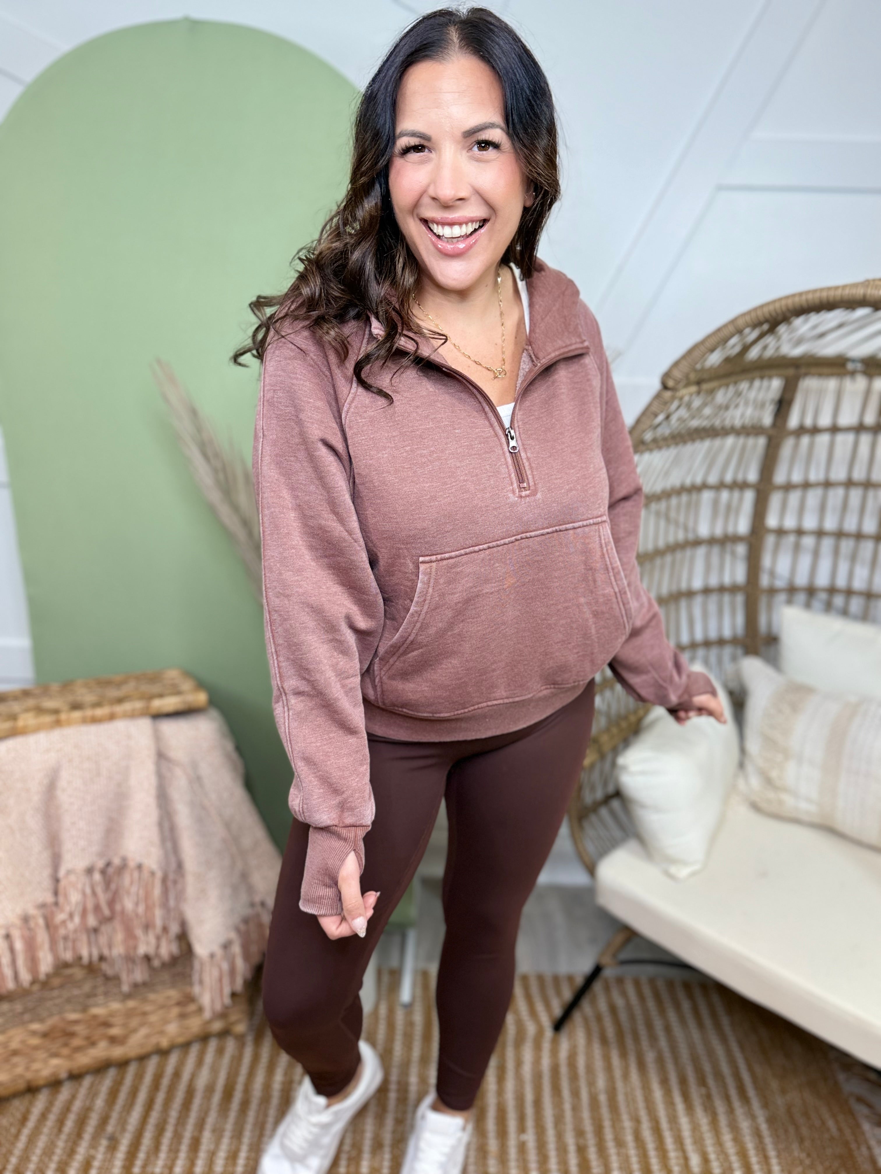 Ash Wash Quarter Zip Hoodie- Cinnamon-210 Hoodies-Birdie & Co-Heathered Boho Boutique, Women's Fashion and Accessories in Palmetto, FL