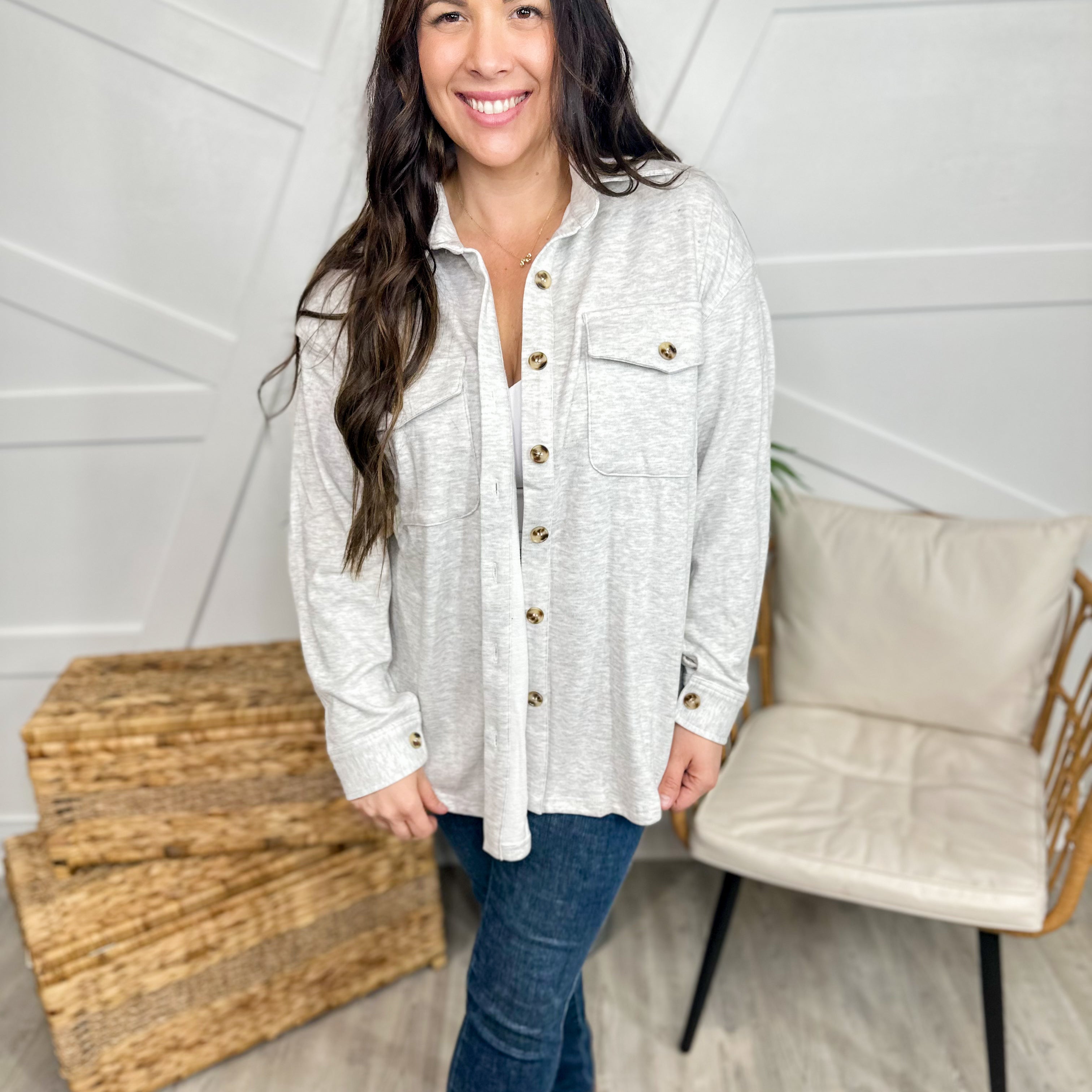 Restock: Good Feeling Shacket-200 Jackets/Shackets-White Birch-Heathered Boho Boutique, Women's Fashion and Accessories in Palmetto, FL