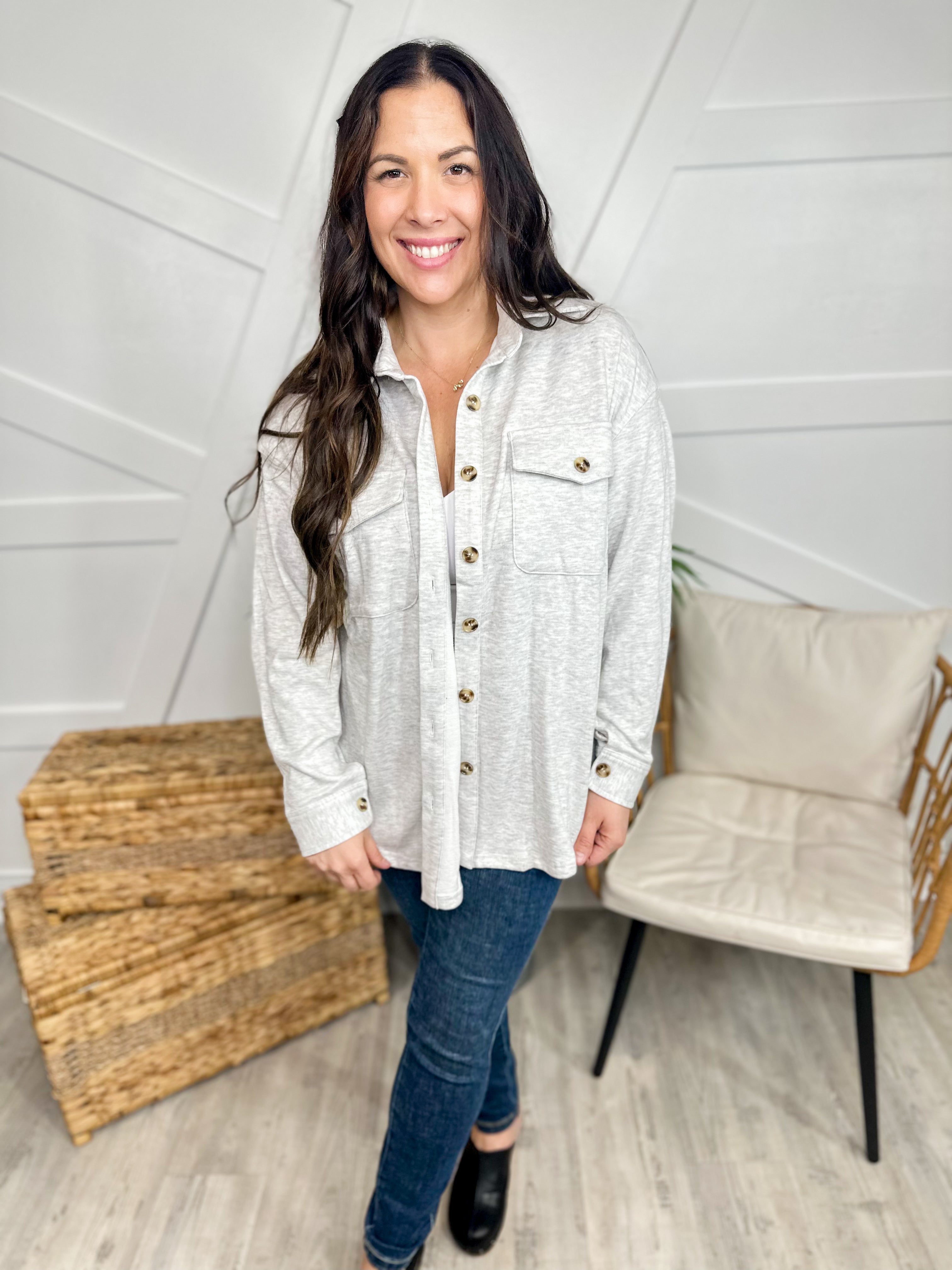 Restock: Good Feeling Shacket-200 Jackets/Shackets-White Birch-Heathered Boho Boutique, Women's Fashion and Accessories in Palmetto, FL