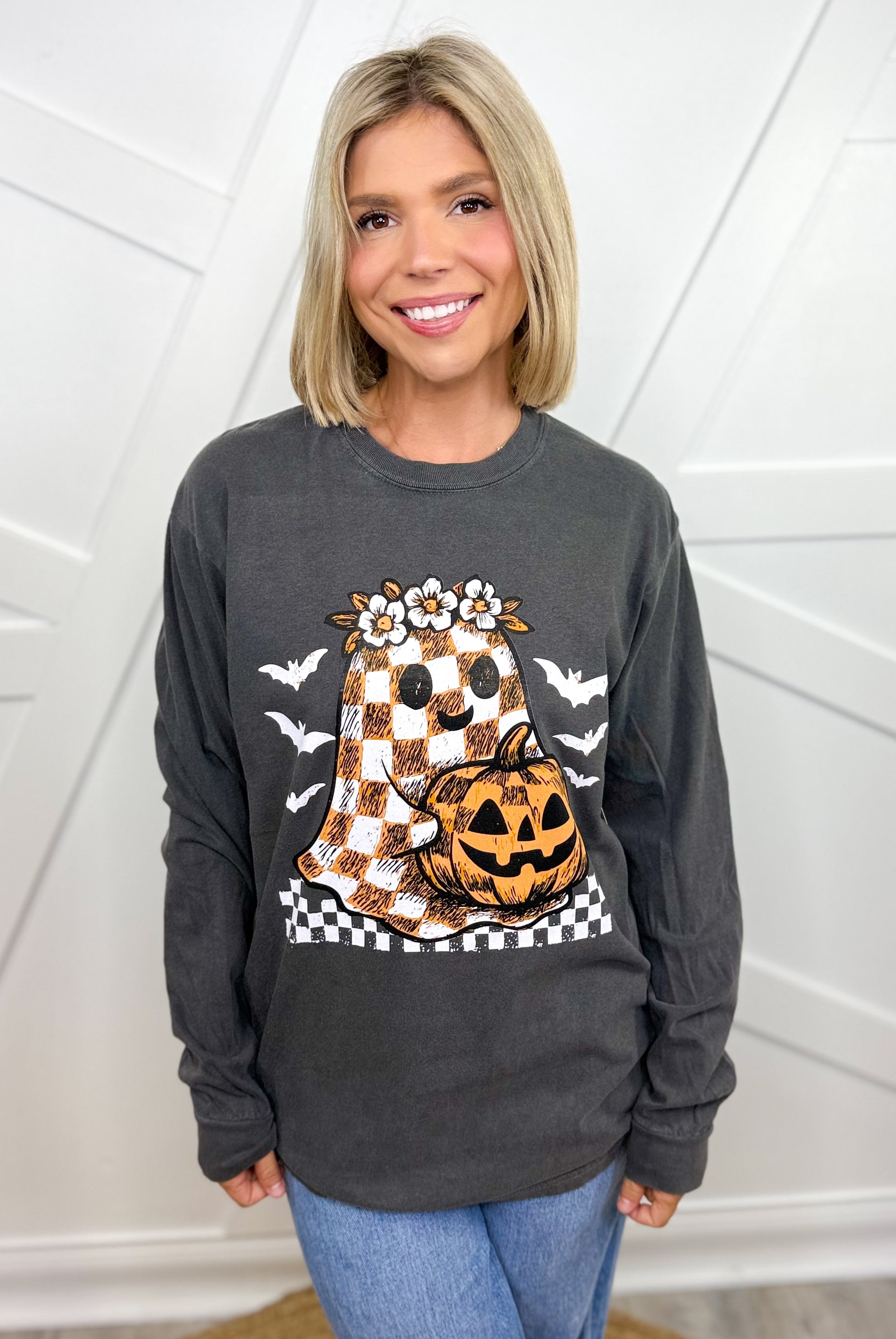 Checkered Ghost Graphic Long Sleeve-130 Graphic Tees-Heathered Boho-Heathered Boho Boutique, Women's Fashion and Accessories in Palmetto, FL