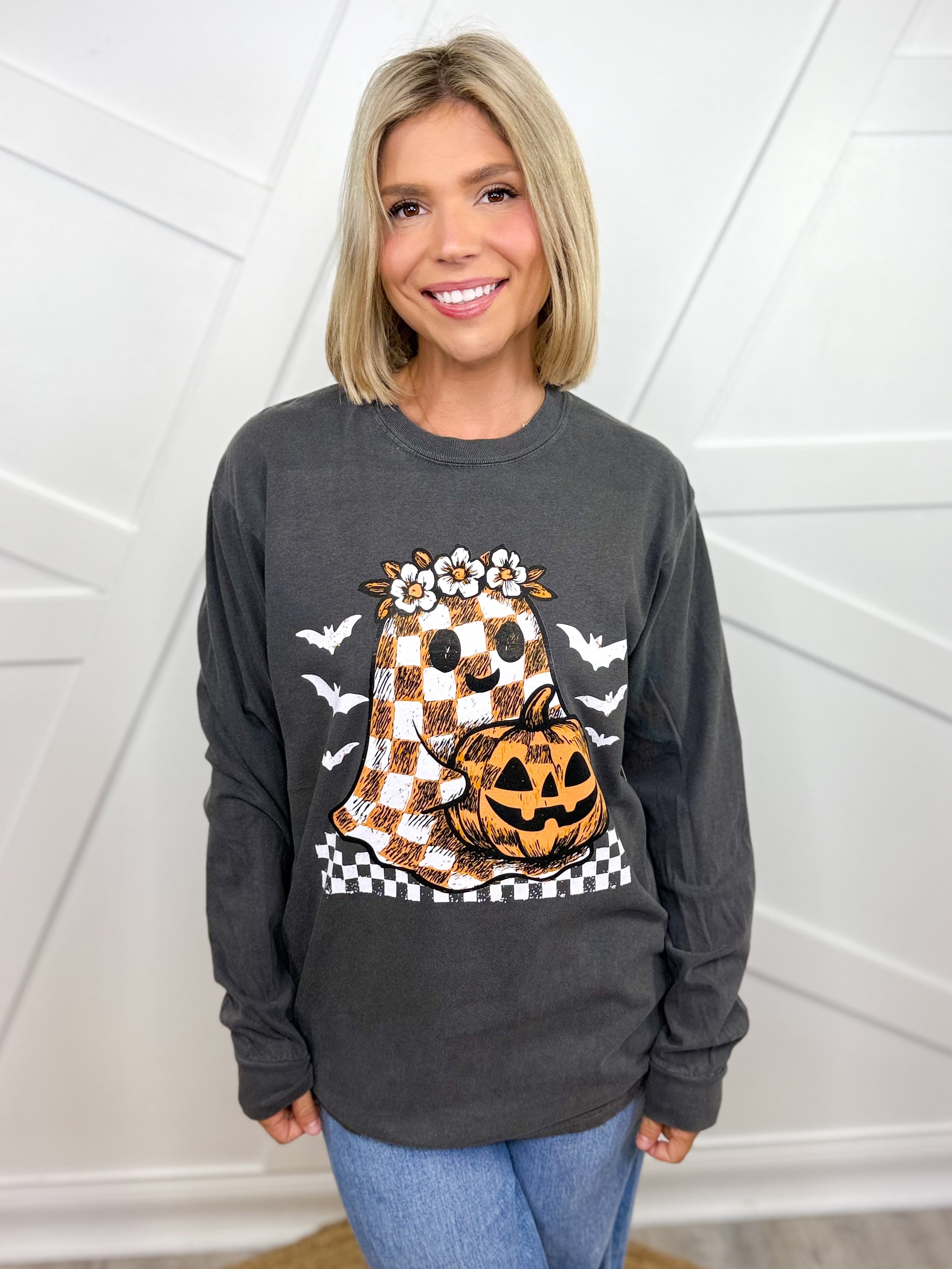 Checkered Ghost Graphic Long Sleeve-130 Graphic Tees-Heathered Boho-Heathered Boho Boutique, Women's Fashion and Accessories in Palmetto, FL