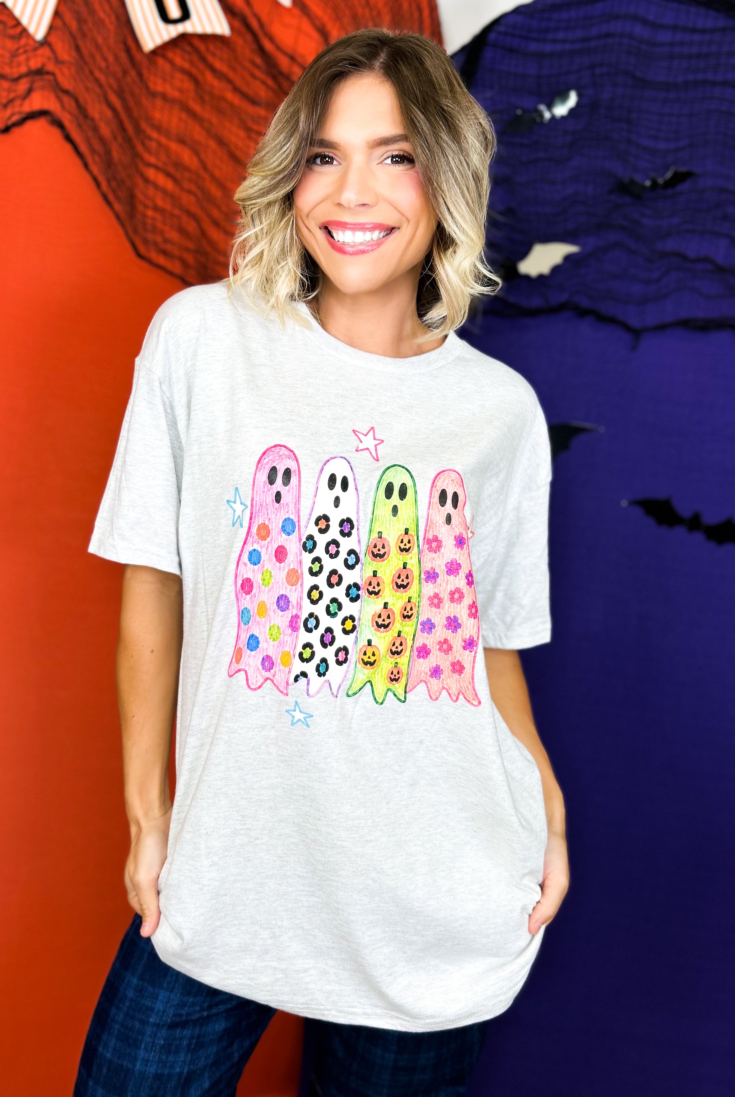 Preppy Ghosts Graphic Tee-130 Graphic Tees-Heathered Boho-Heathered Boho Boutique, Women's Fashion and Accessories in Palmetto, FL