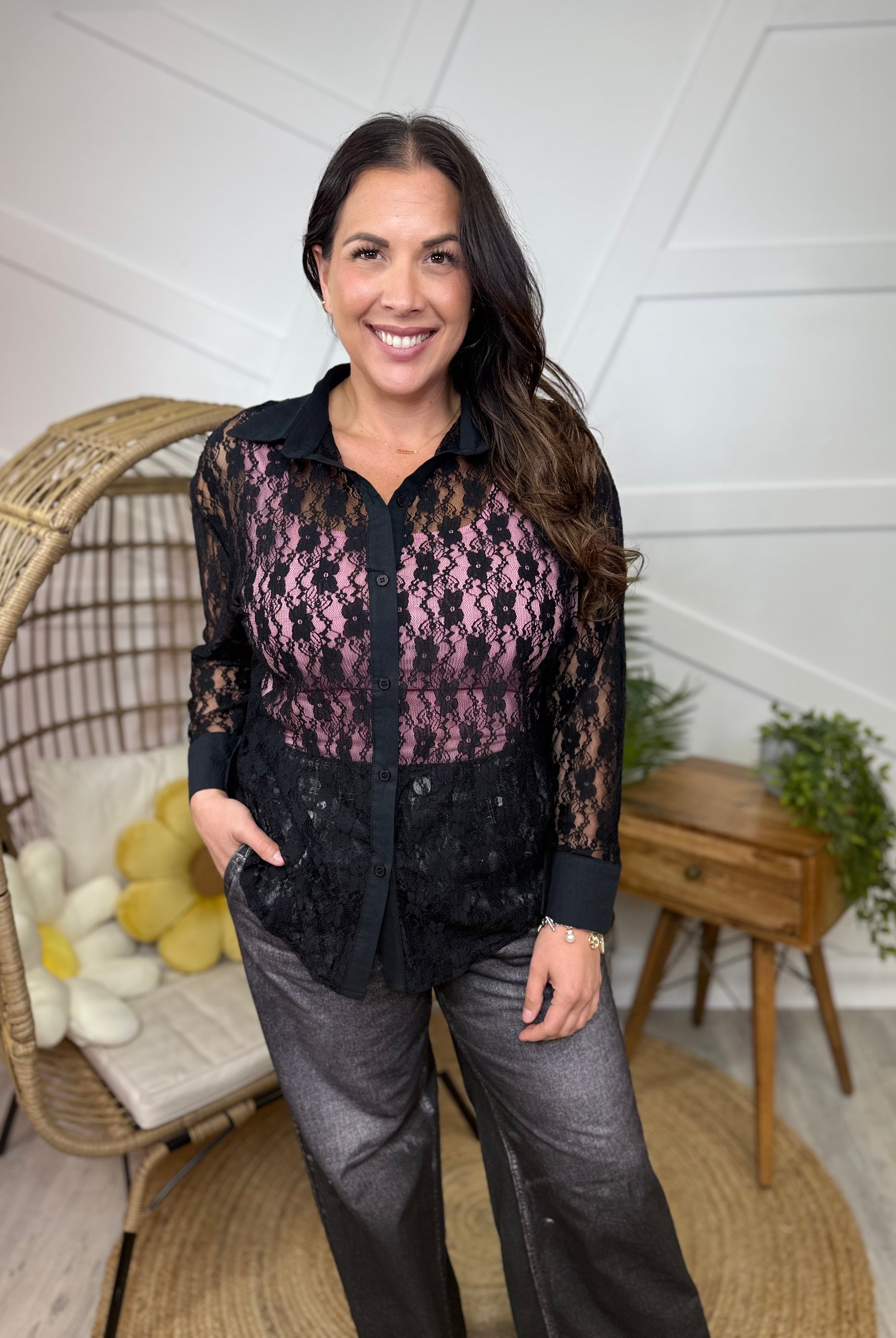 Kathryn Classic Button-Up - Black Lace-120 LONG SLEEVE TOPS-Southern Grace-Heathered Boho Boutique, Women's Fashion and Accessories in Palmetto, FL