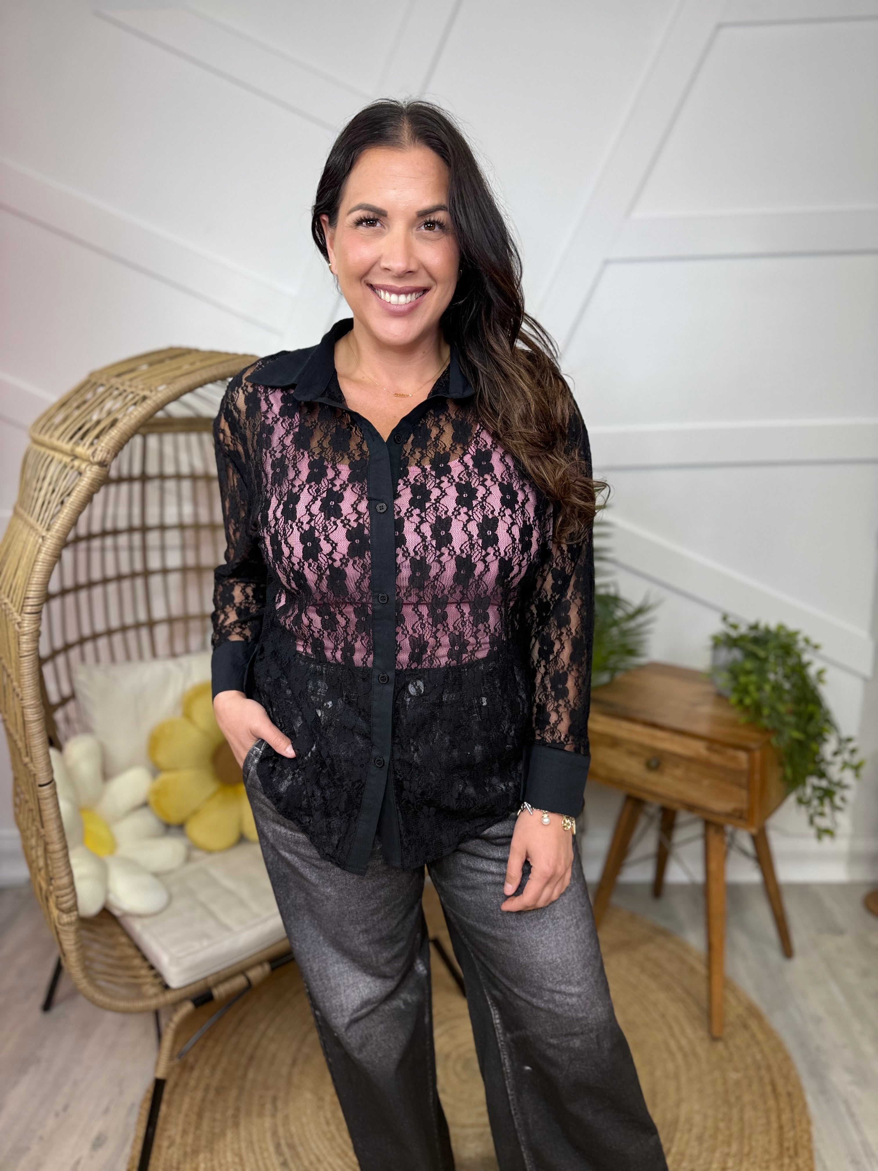 Kathryn Classic Button-Up - Black Lace-120 LONG SLEEVE TOPS-Southern Grace-Heathered Boho Boutique, Women's Fashion and Accessories in Palmetto, FL