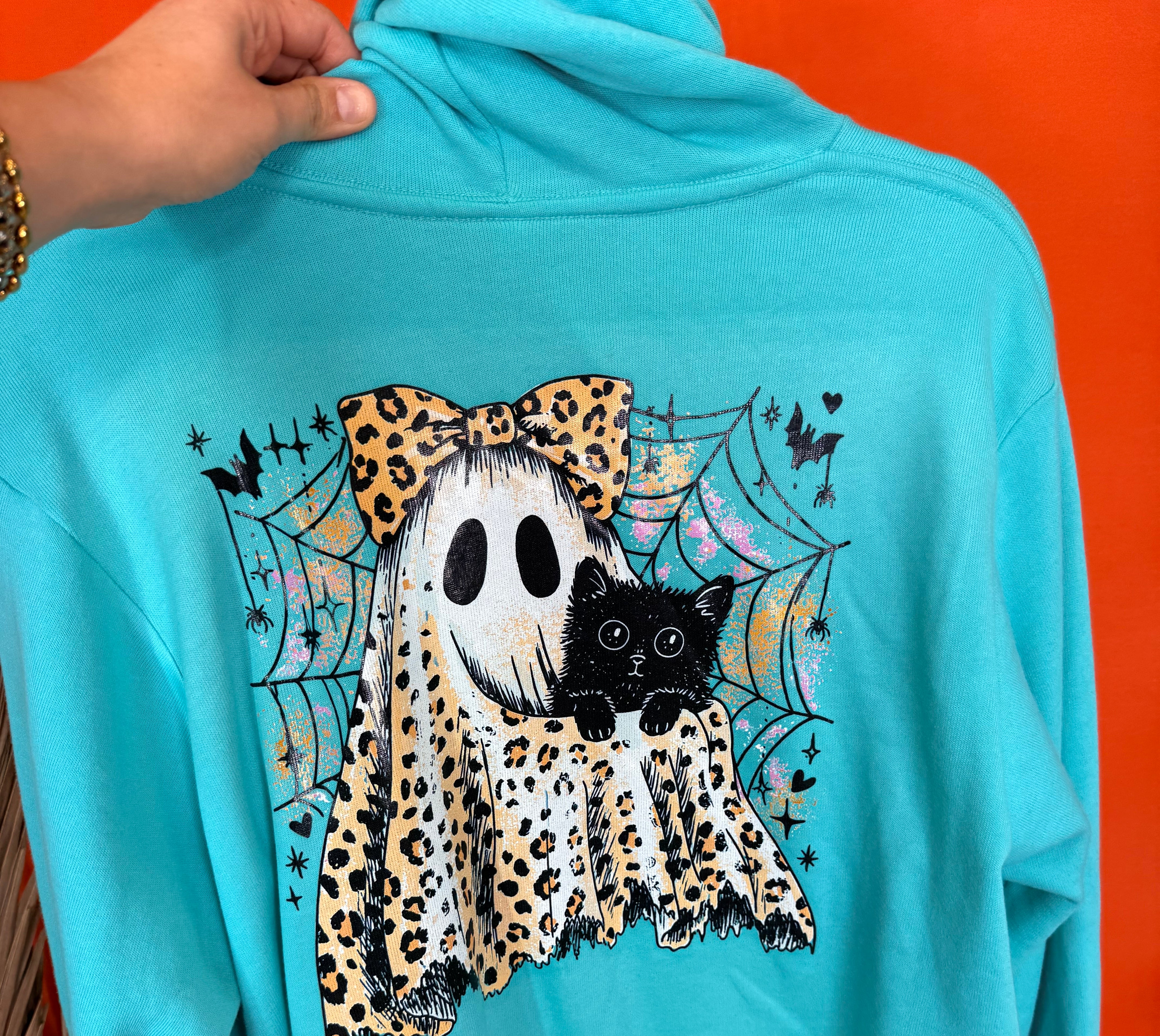 Leopard Ghost & Cat with Boo Pocket Graphic Hoodie-210 Hoodies-Heathered Boho-Heathered Boho Boutique, Women's Fashion and Accessories in Palmetto, FL