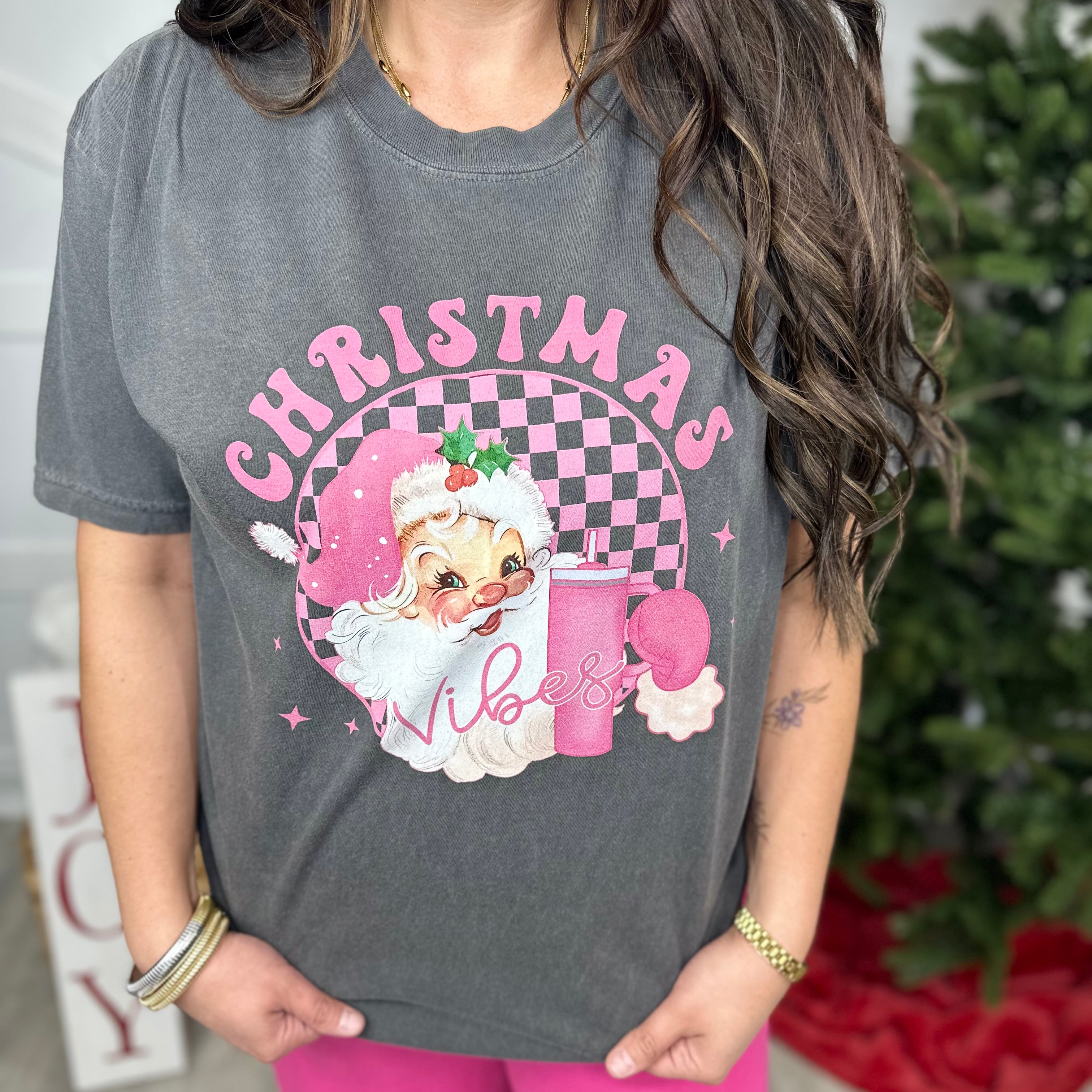 Pink Christmas Vibes Graphic Tee-130 Graphic Tees-Heathered Boho-Heathered Boho Boutique, Women's Fashion and Accessories in Palmetto, FL