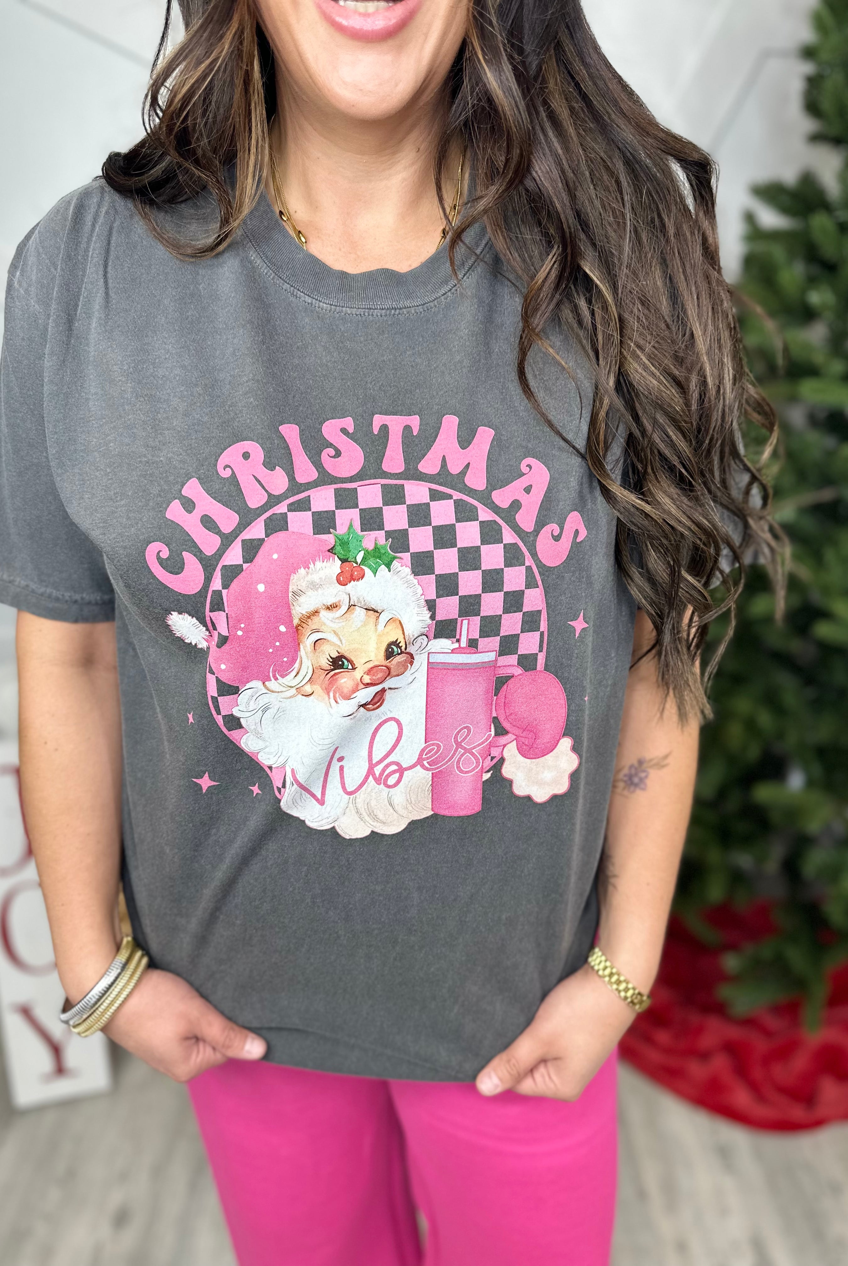 Pink Christmas Vibes Graphic Tee-130 Graphic Tees-Heathered Boho-Heathered Boho Boutique, Women's Fashion and Accessories in Palmetto, FL