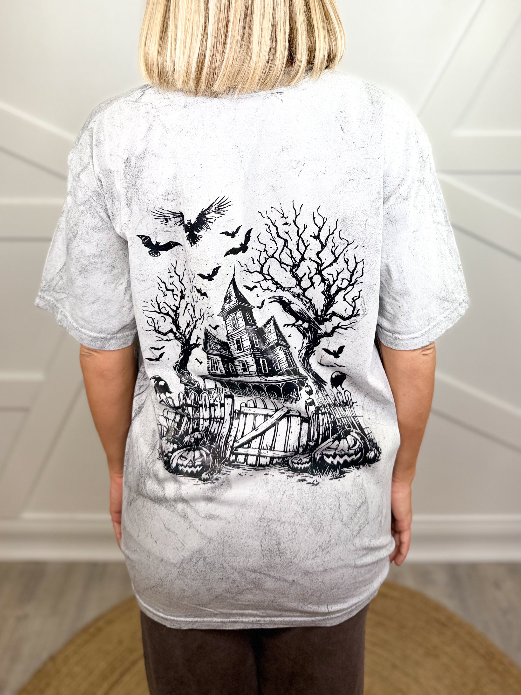 Haunted House w/ Pocket Bats Graphic Tee-130 Graphic Tees-Heathered Boho-Heathered Boho Boutique, Women's Fashion and Accessories in Palmetto, FL