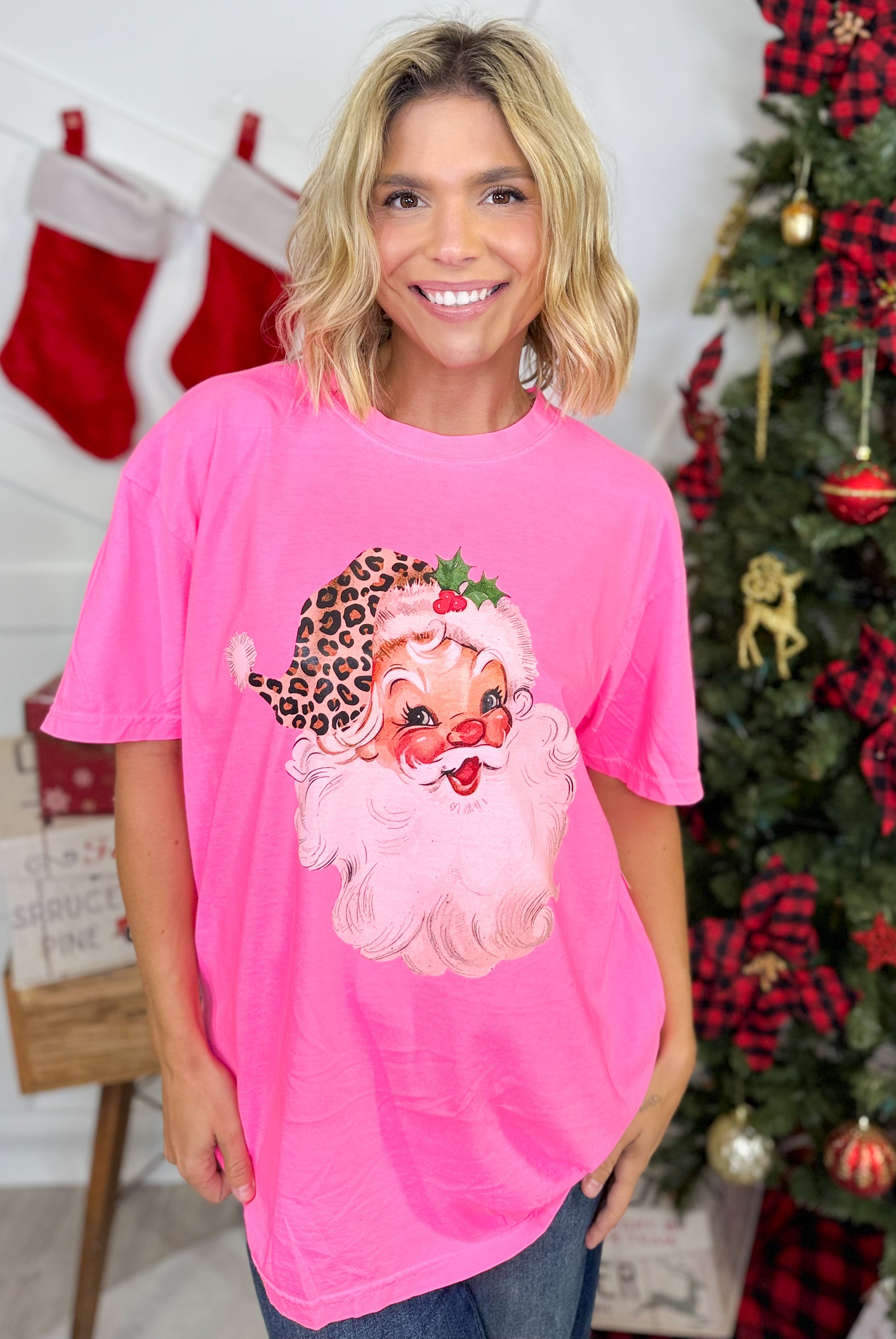 Leopard Hat Santa Graphic Tee-125 Sweater-Heathered Boho-Heathered Boho Boutique, Women's Fashion and Accessories in Palmetto, FL