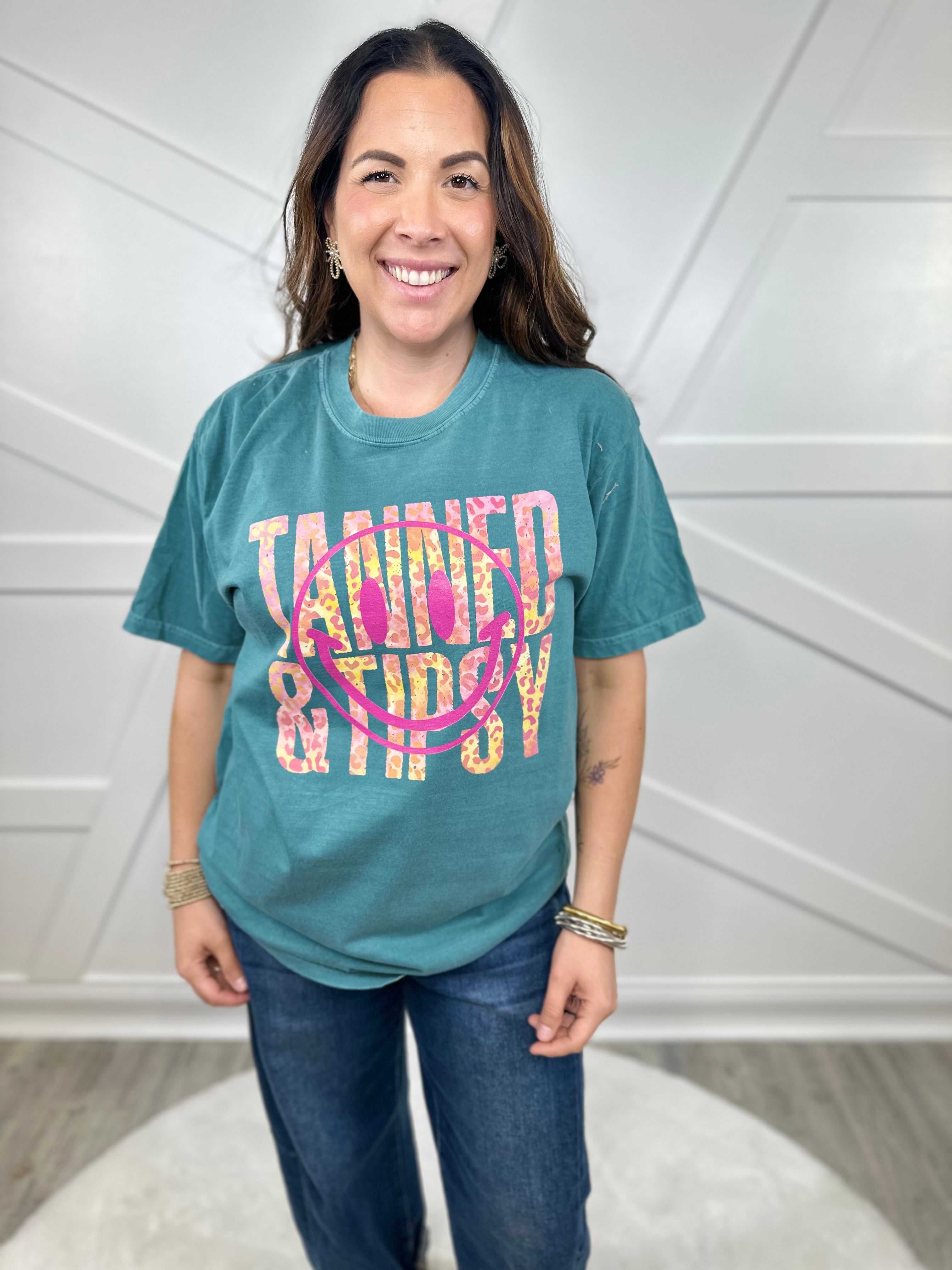 Tanned and Tipsy Graphic Tee-130 Graphic Tees-Heathered Boho-Heathered Boho Boutique, Women's Fashion and Accessories in Palmetto, FL