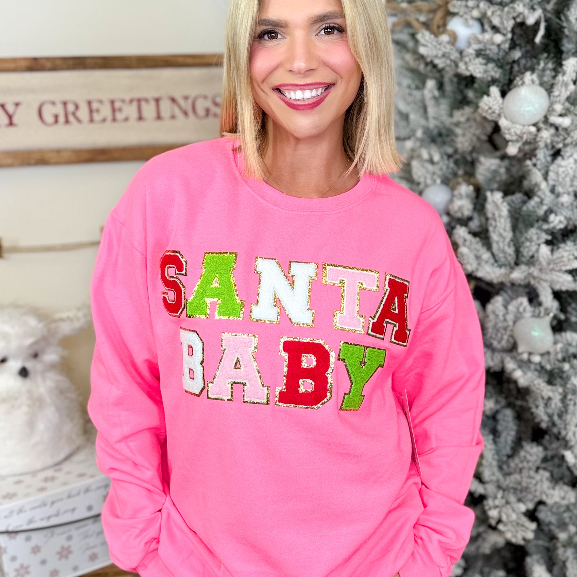 Santa Baby Ideal Chenille Christmas Graphic Sweatshirt-130 Graphic Tees-SUGAR STITCH-Heathered Boho Boutique, Women's Fashion and Accessories in Palmetto, FL