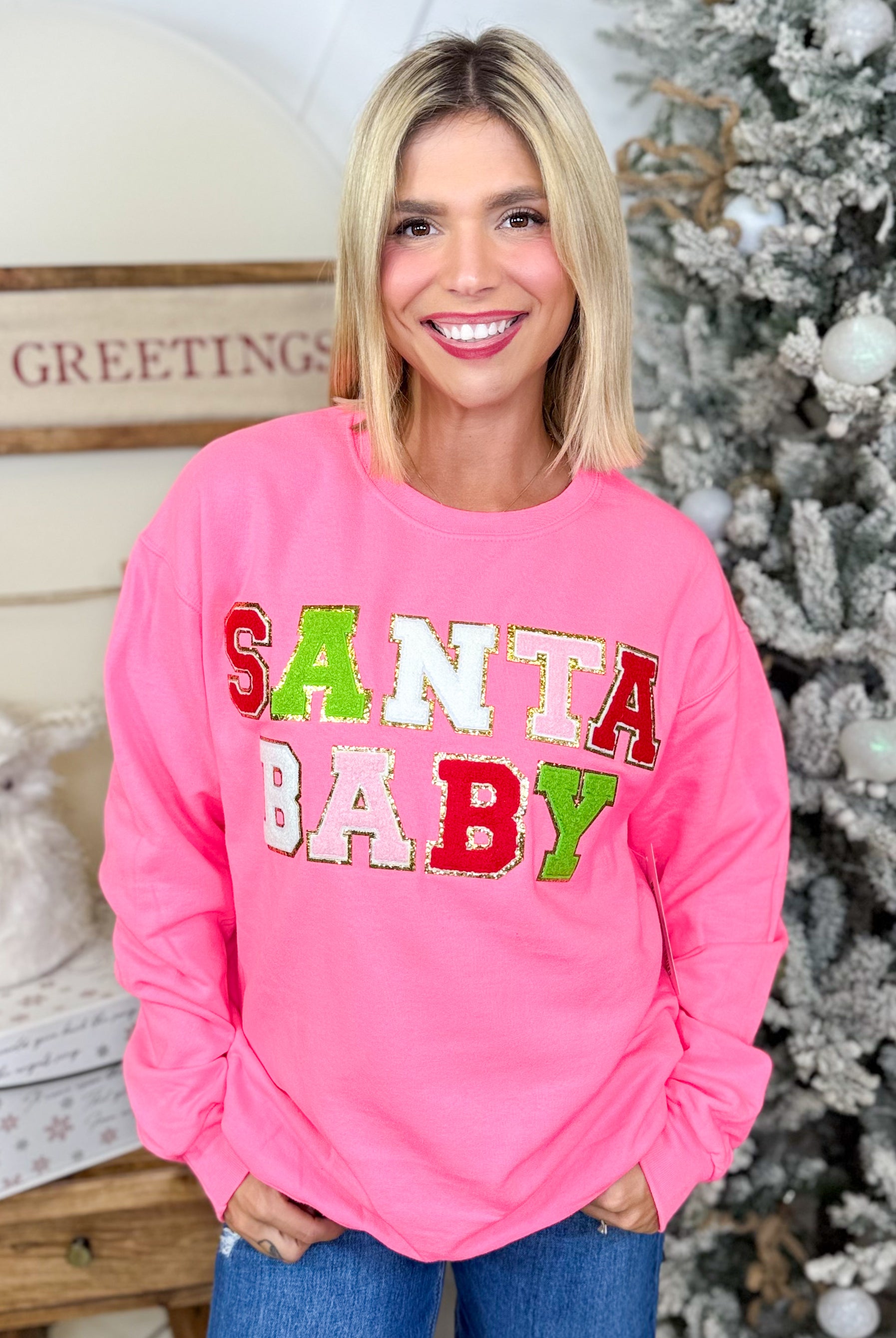 Santa Baby Ideal Chenille Christmas Graphic Sweatshirt-130 Graphic Tees-SUGAR STITCH-Heathered Boho Boutique, Women's Fashion and Accessories in Palmetto, FL