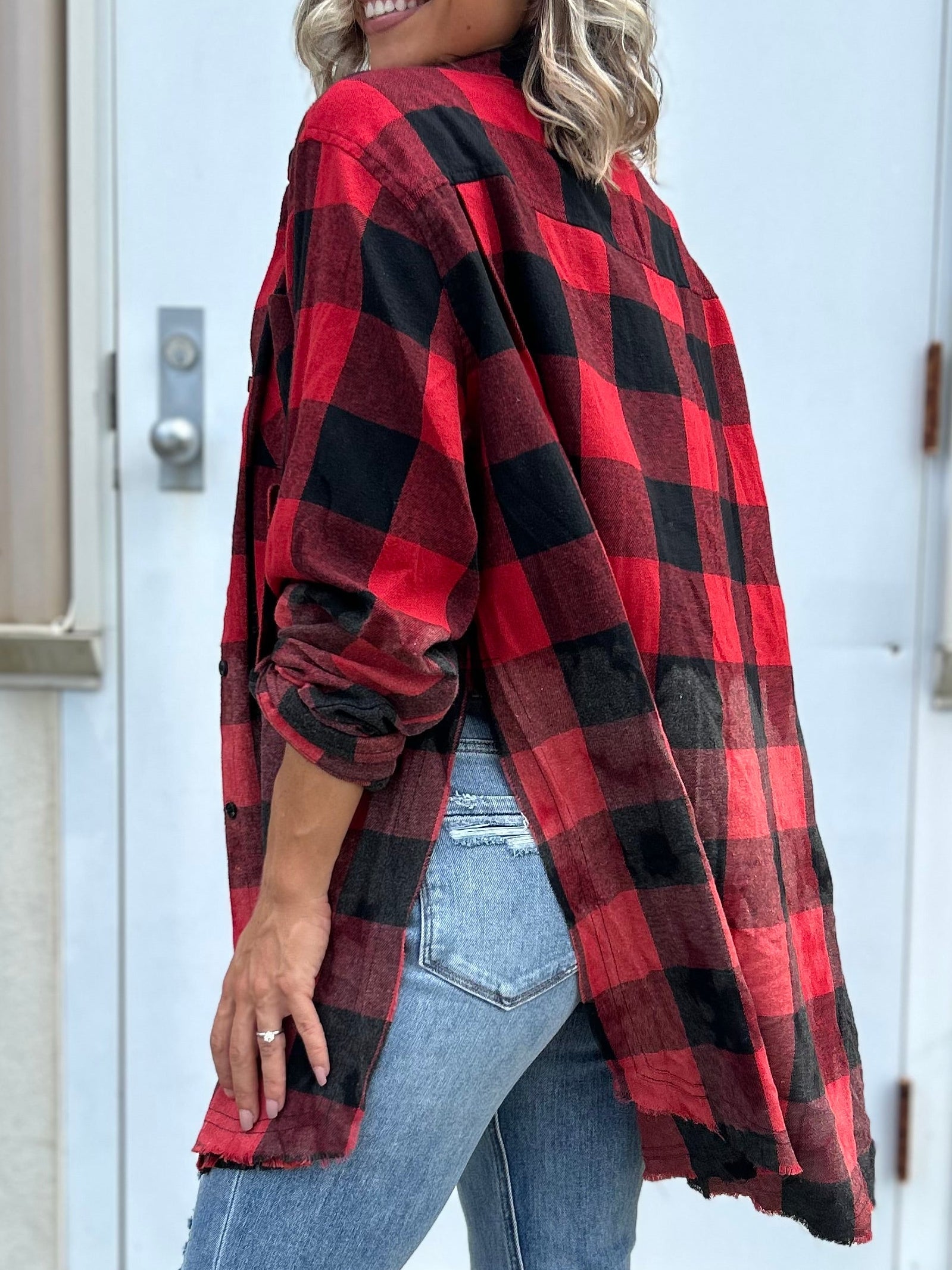 Not Your Boyfriend's Side Slit Flannel-120 LONG SLEEVE TOPS-Pebby Forevee-Heathered Boho Boutique, Women's Fashion and Accessories in Palmetto, FL