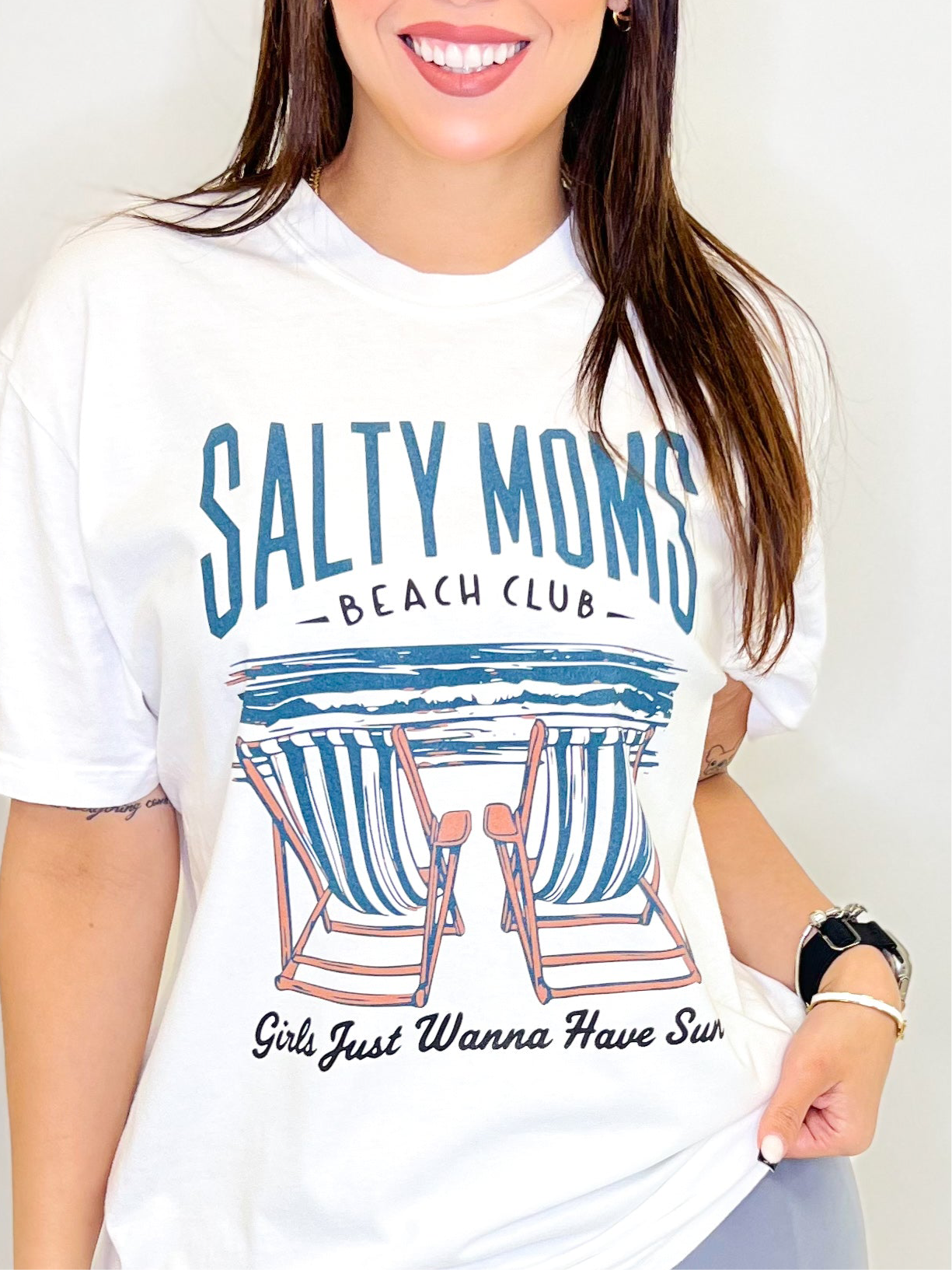 Salty Moms Beach Club Graphic Tee-130 Graphic Tees-Heathered Boho-Heathered Boho Boutique, Women's Fashion and Accessories in Palmetto, FL