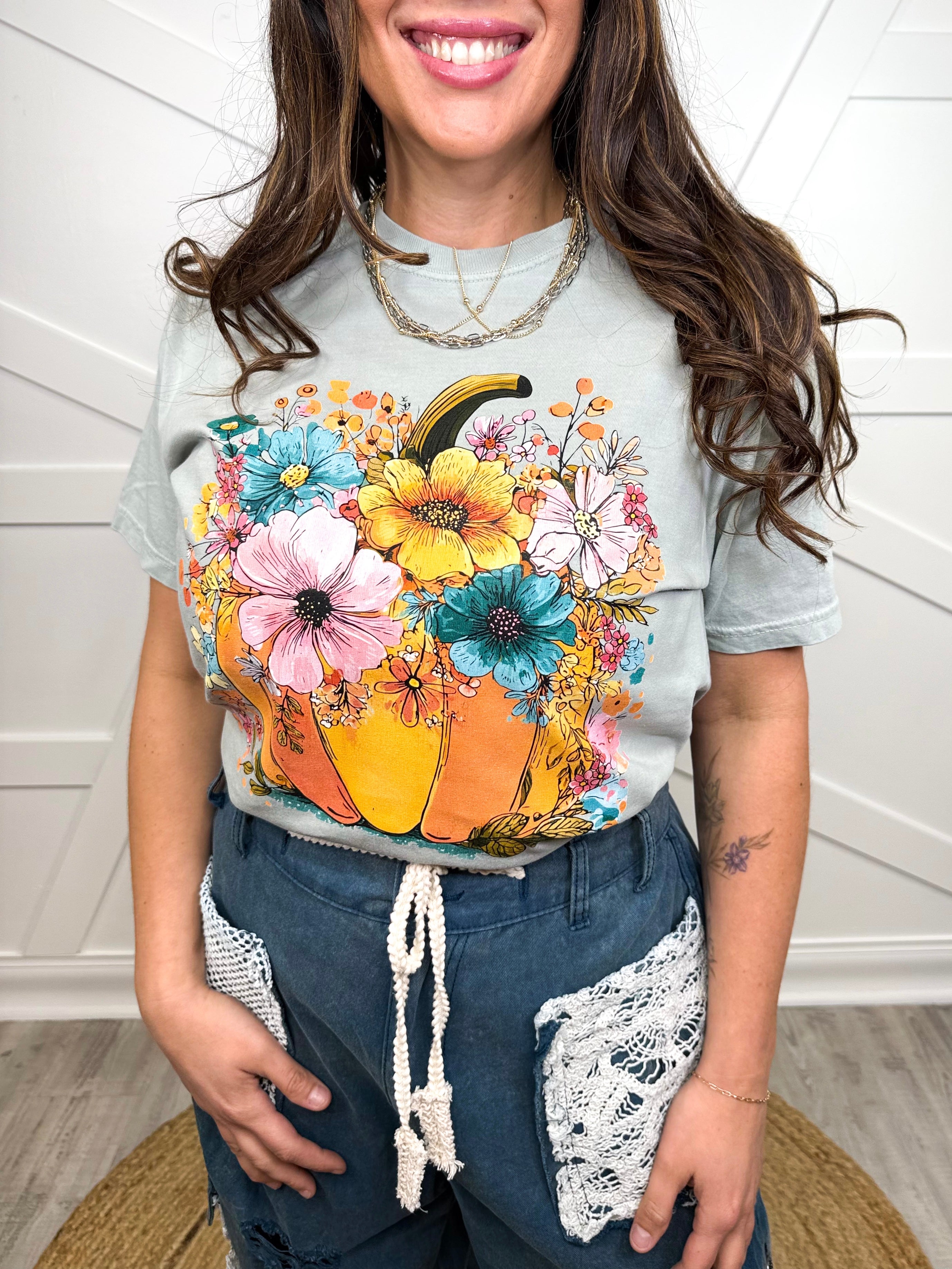 Boho Floral Pumpkin Graphic Tee-130 Graphic Tees-Heathered Boho-Heathered Boho Boutique, Women's Fashion and Accessories in Palmetto, FL