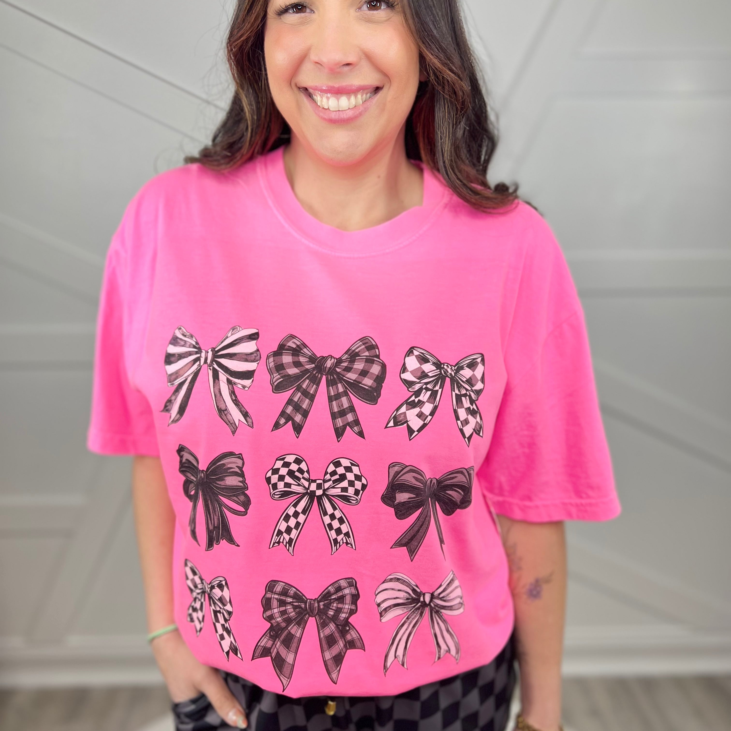 Black Bow Collage Graphic Tee-130 Graphic Tees-Heathered Boho-Heathered Boho Boutique, Women's Fashion and Accessories in Palmetto, FL